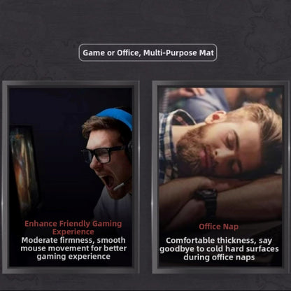 Two scenarios showing a multi-purpose mat used for gaming and office naps.