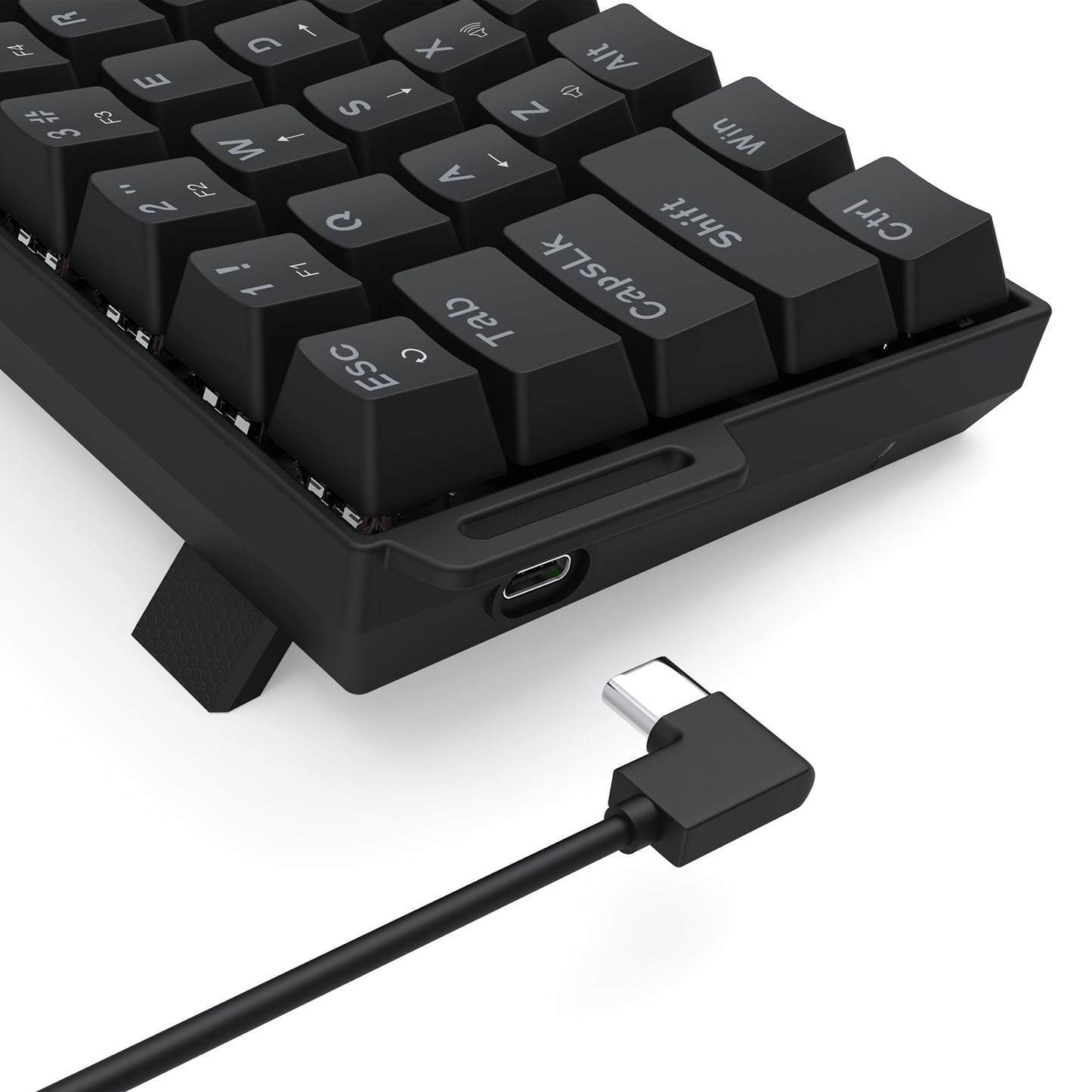 The keyboard’s side view shows a USB-C port and adjustable feet, highlighting its wired connectivity and ergonomic design.