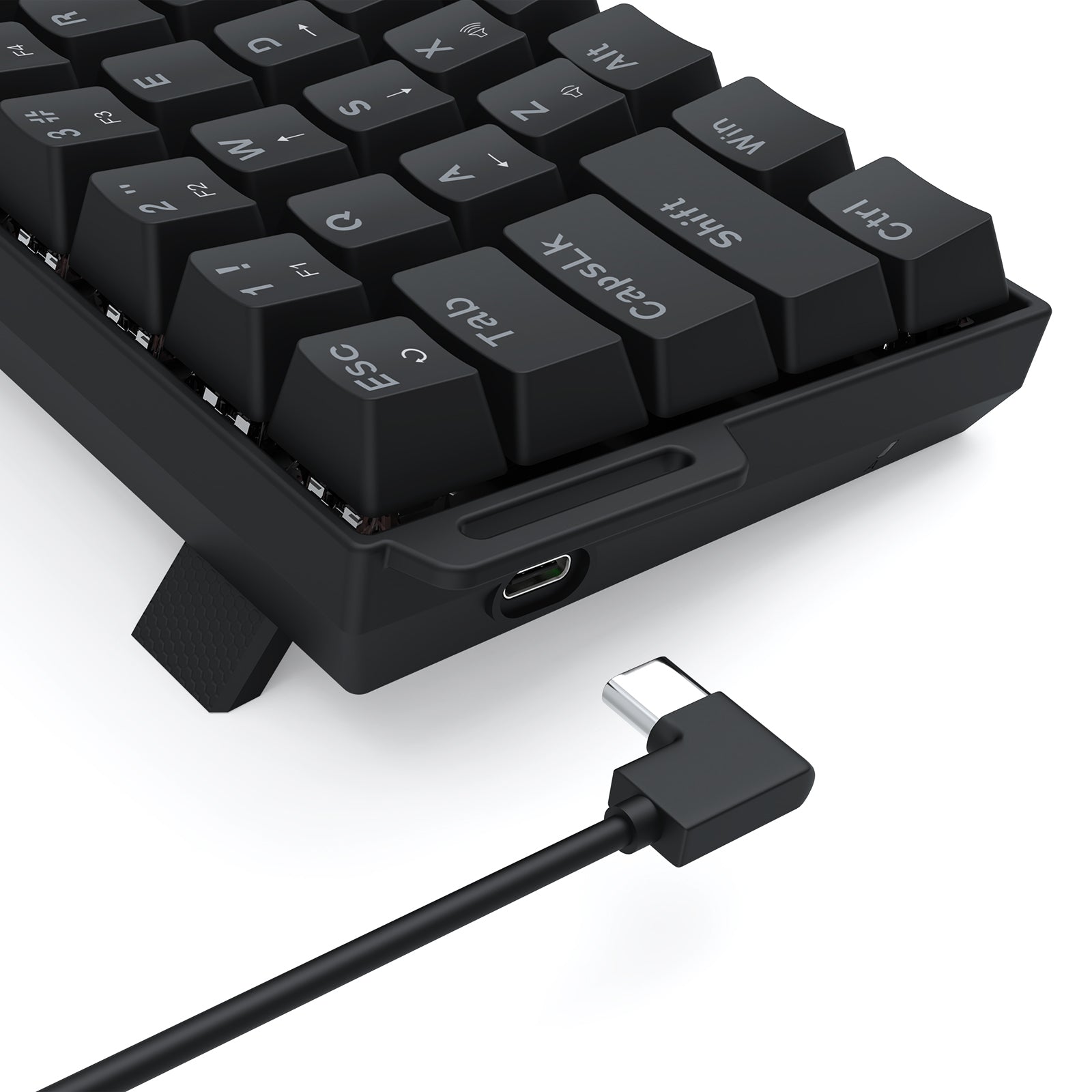 The keyboard’s side view shows a USB-C port and adjustable feet, highlighting its wired connectivity and ergonomic design.
