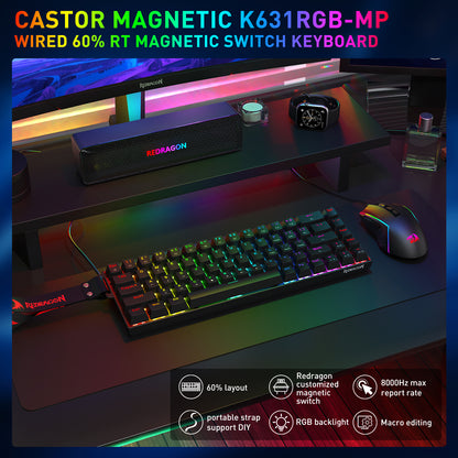 The Redragon Castor Magnetic K631RGB-MP 60% keyboard (with RGB lighting) is shown in a setup, with icons listing features like magnetic switches and 8000Hz report rate.