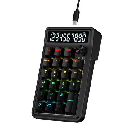 Black electronic device with digital display and USB cable on a black background | show