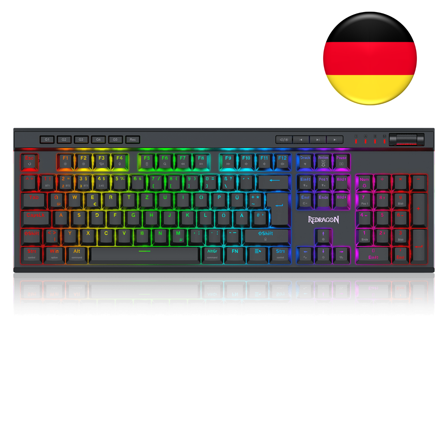 A full-sized mechanical gaming keyboard with a dark gray chassis and vibrant RGB backlighting that transitions through a full rainbow spectrum across the keys, shown against a solid black background. The brand name 'iMiceON' is visible on the spacebar area.