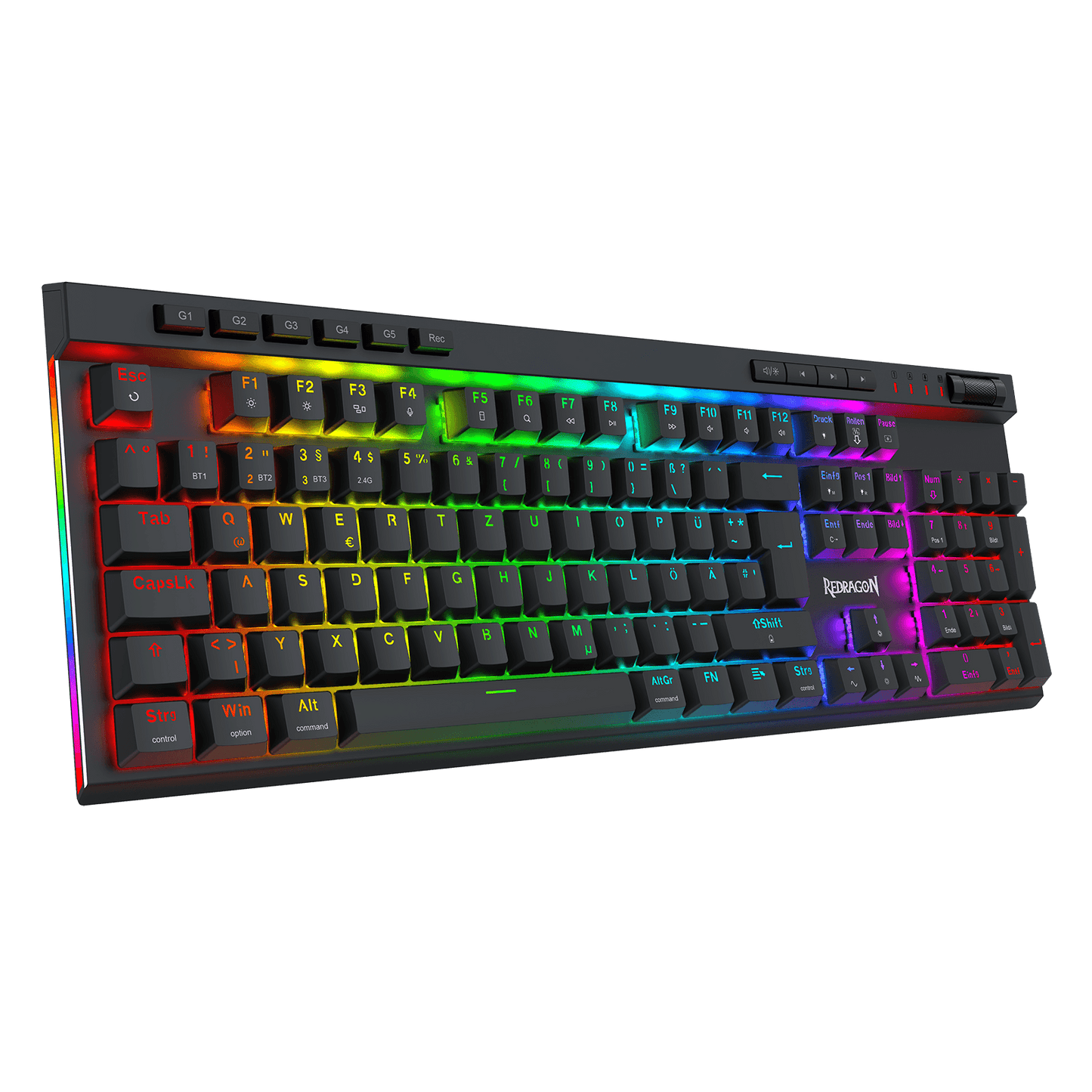 A black mechanical gaming keyboard with vibrant RGB rainbow backlighting, shown at an angle against a solid black background. The brand name 'iNSPACHT' is visible on the spacebar area.