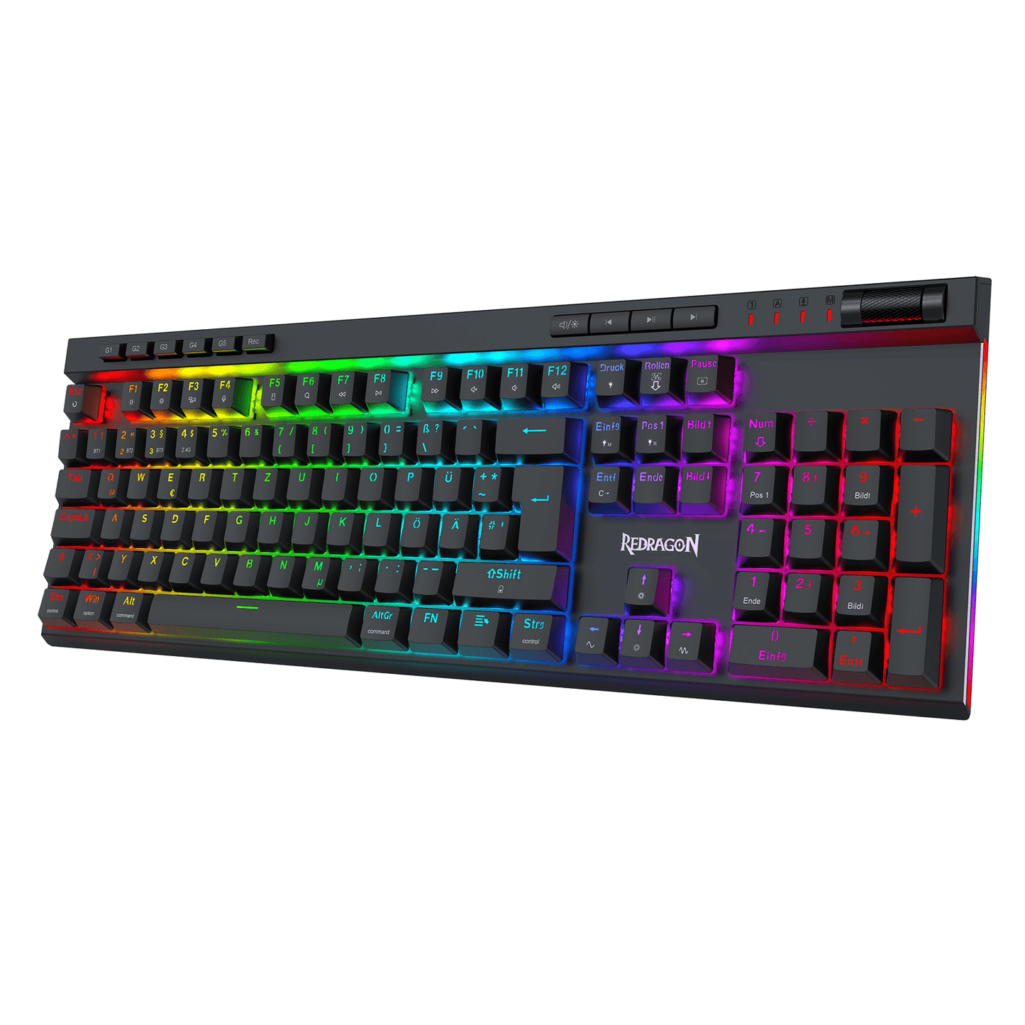 A black mechanical gaming keyboard with vibrant RGB rainbow backlighting, featuring a white 'REPTORON' logo on the palm rest, shown against a solid black background.