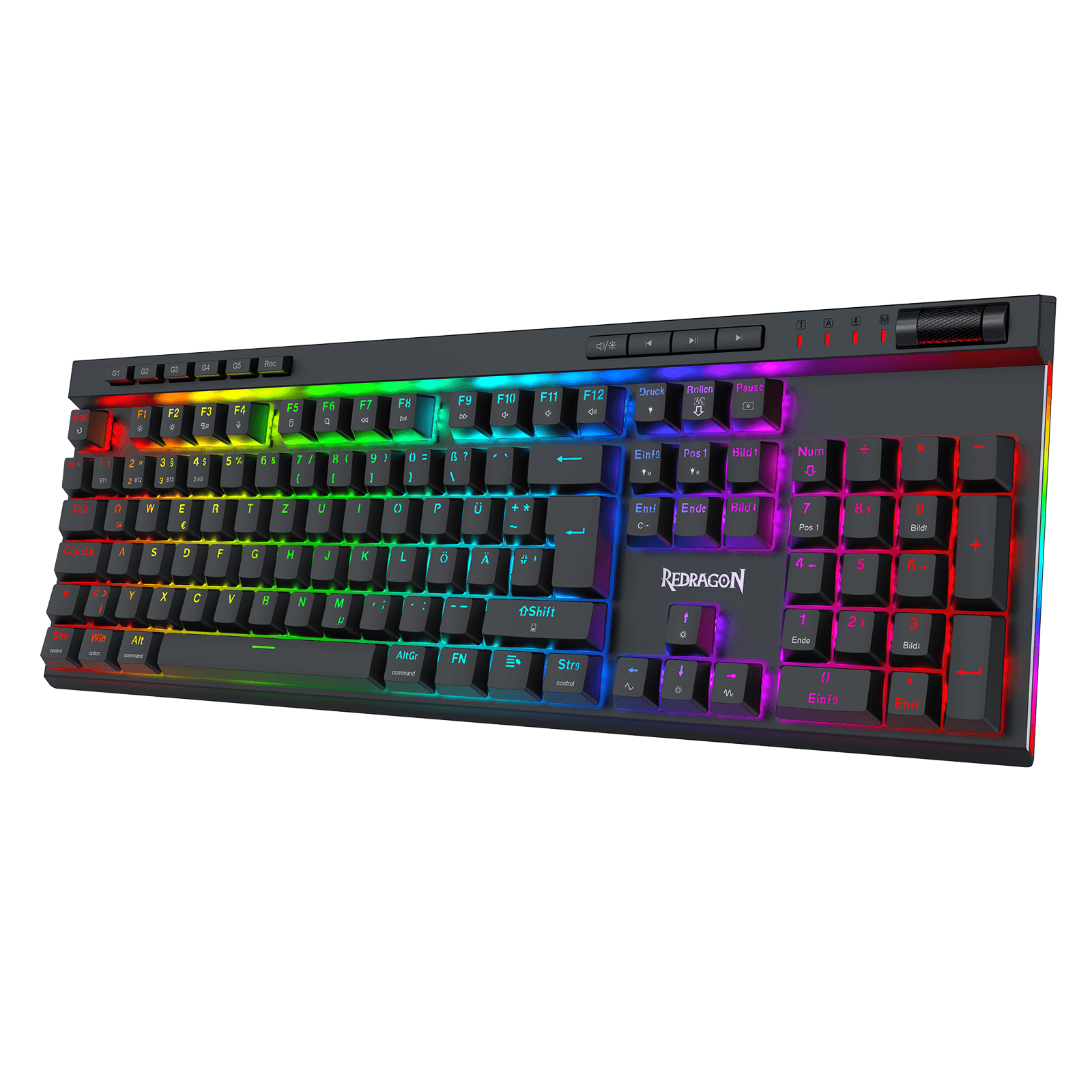 A black mechanical gaming keyboard with vibrant RGB rainbow backlighting, featuring a white 'REPTORON' logo on the palm rest, shown against a solid black background.