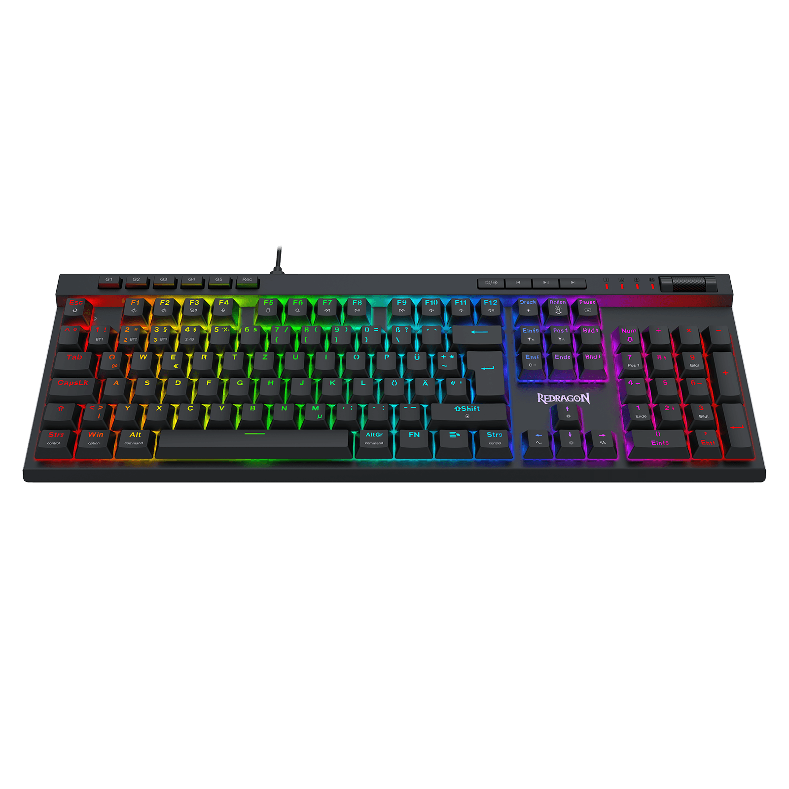 A full-sized mechanical gaming keyboard with black keycaps and vibrant RGB rainbow backlighting, shown against a solid black background. The brand name 'TUXEMOTION' is visible on the spacebar area.