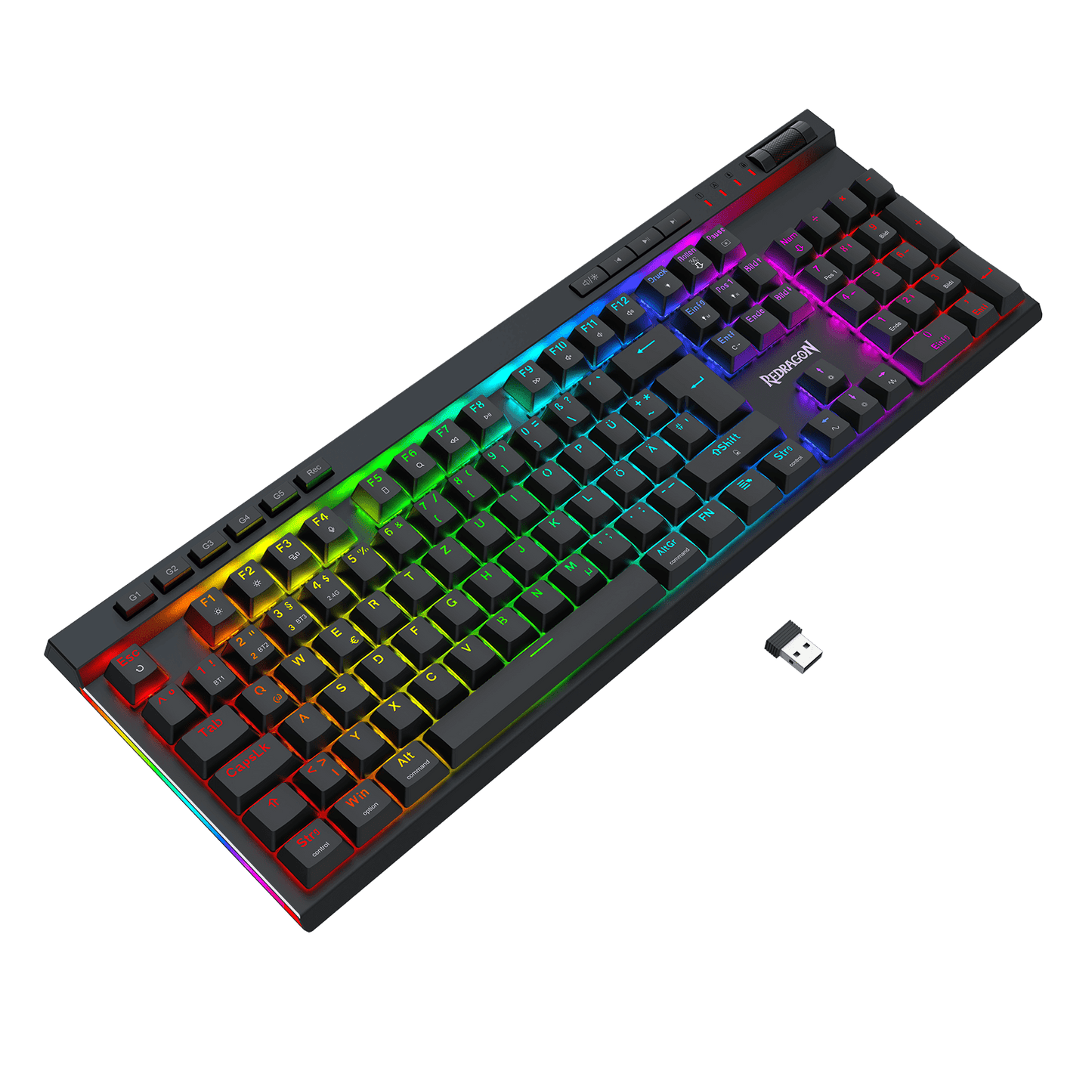 A black mechanical keyboard with vibrant RGB rainbow backlighting, shown at an angle on a solid black background with a small USB receiver nearby. The brand name 'Rapoo' is visible on the spacebar area.