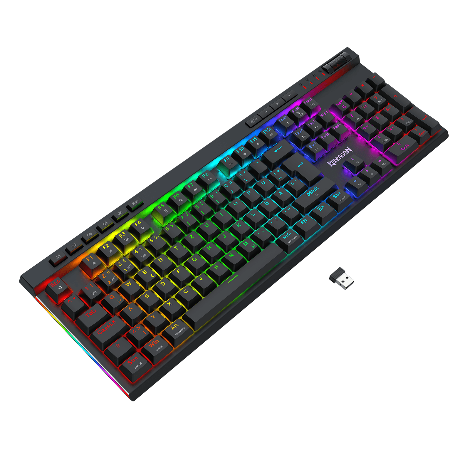 A black mechanical keyboard with vibrant RGB rainbow backlighting, shown at an angle on a solid black background with a small USB receiver nearby. The brand name 'Rapoo' is visible on the spacebar area.