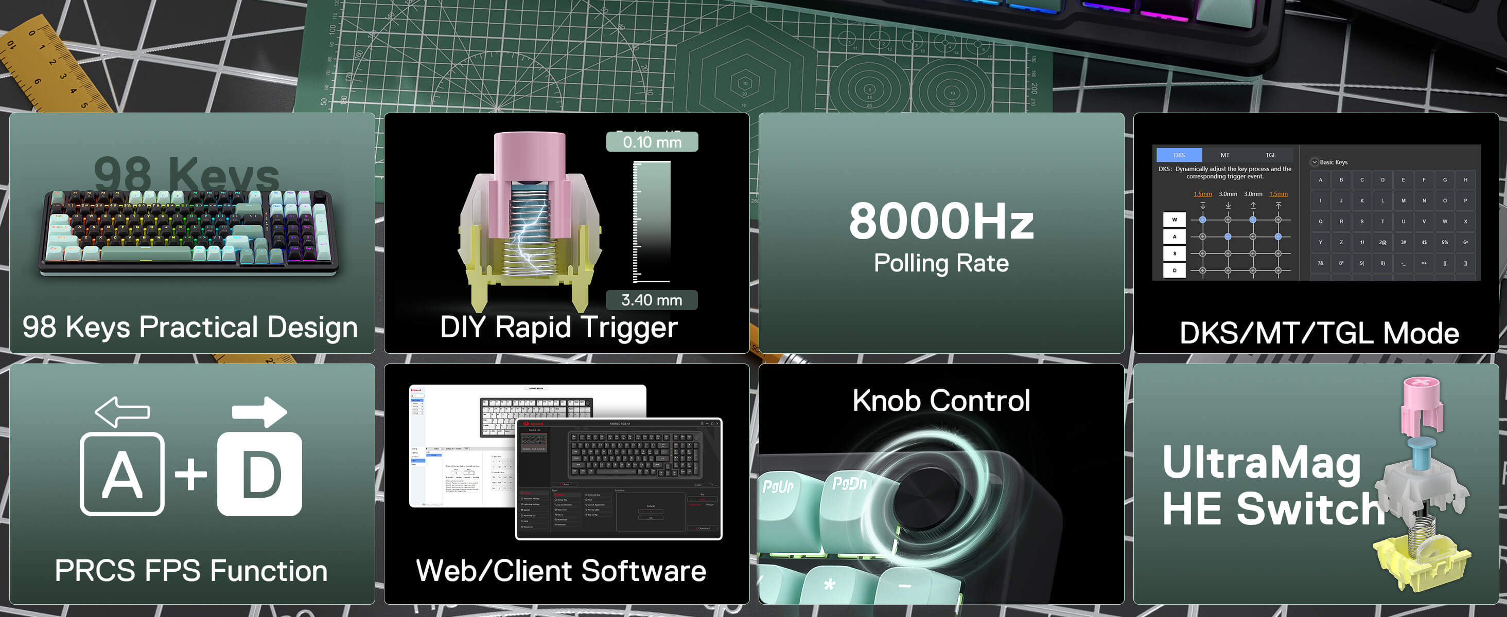 Multimedia display with various technical features and designs on a green background.