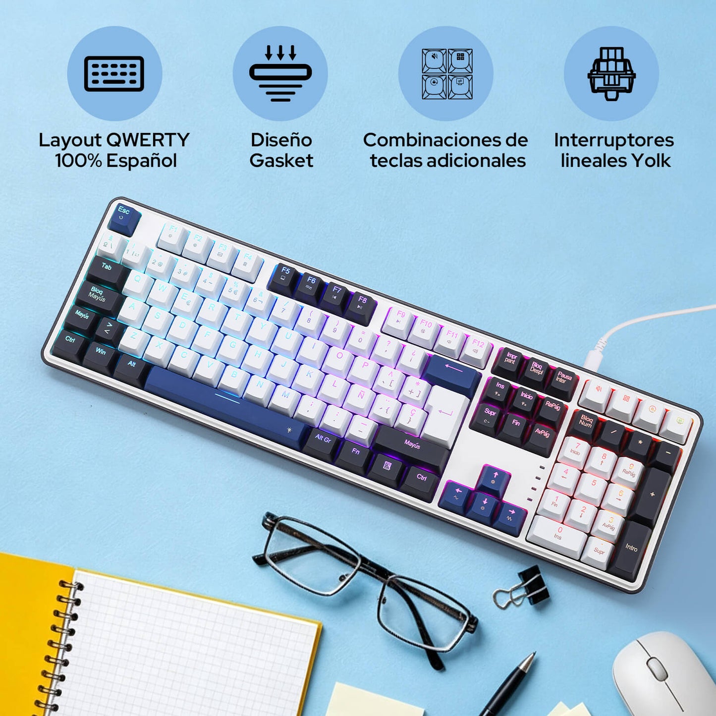 Teclado para juegos Redragon K689 con diseño QWERTY, conexión por cable, retroiluminación RGB, 104 teclas + 4 teclas de acceso rápido adicionales; teclado mecánico con zócalo mejorable intercambiable en caliente, amortiguación del ruido de 5 capas, teclas de colores variados e interruptores lineales personaliz