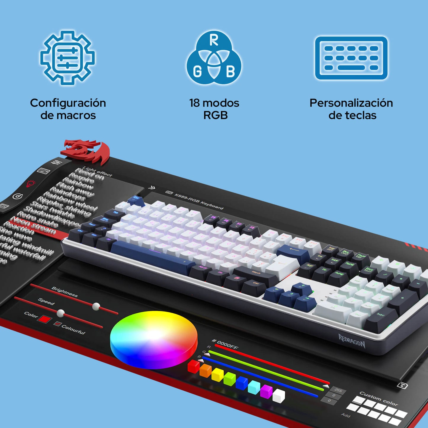 Teclado para juegos Redragon K689 con diseño QWERTY, conexión por cable, retroiluminación RGB, 104 teclas + 4 teclas de acceso rápido adicionales; teclado mecánico con zócalo mejorable intercambiable en caliente, amortiguación del ruido de 5 capas, teclas de colores variados e interruptores lineales personaliz