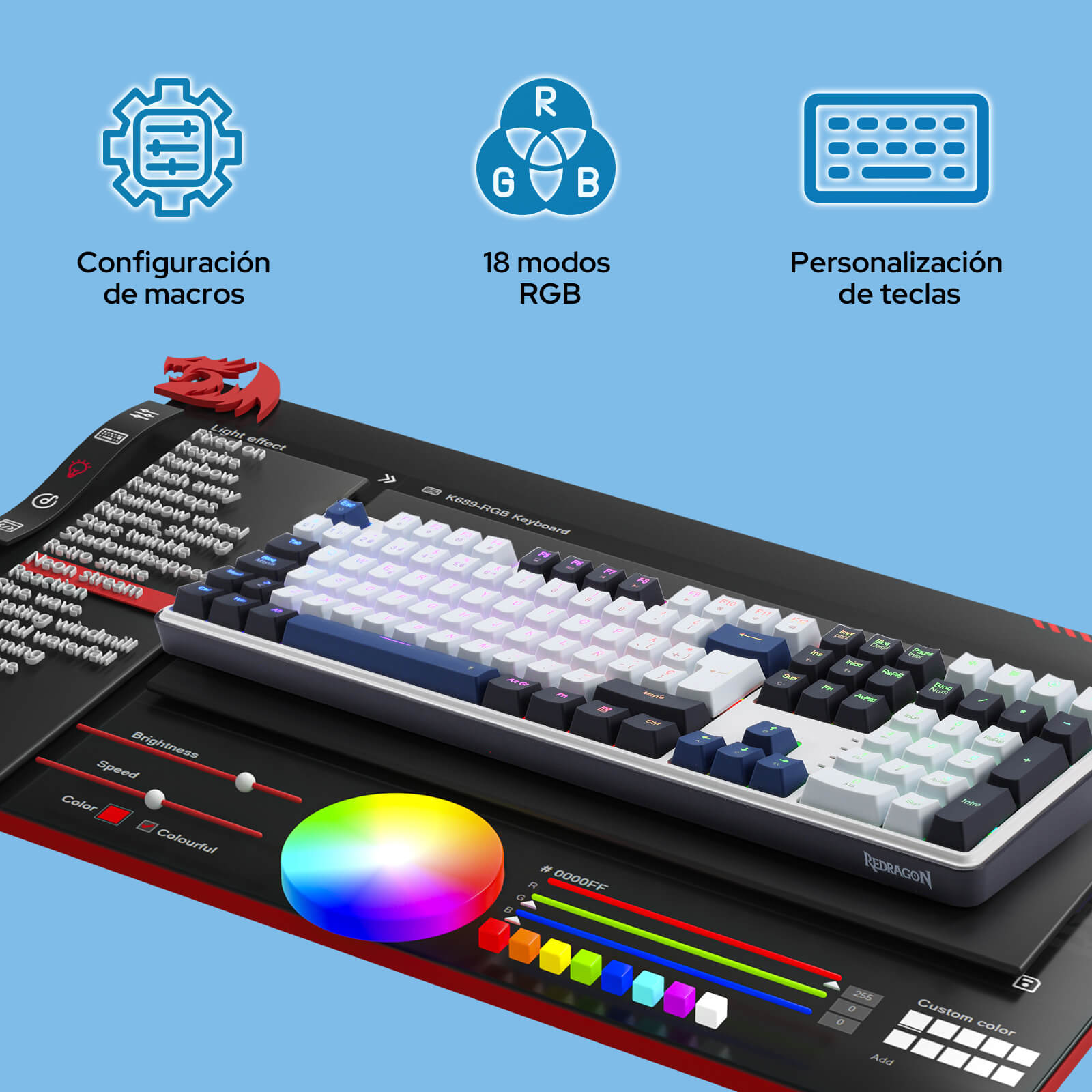 Teclado para juegos Redragon K689 con diseño QWERTY, conexión por cable, retroiluminación RGB, 104 teclas + 4 teclas de acceso rápido adicionales; teclado mecánico con zócalo mejorable intercambiable en caliente, amortiguación del ruido de 5 capas, teclas de colores variados e interruptores lineales personaliz