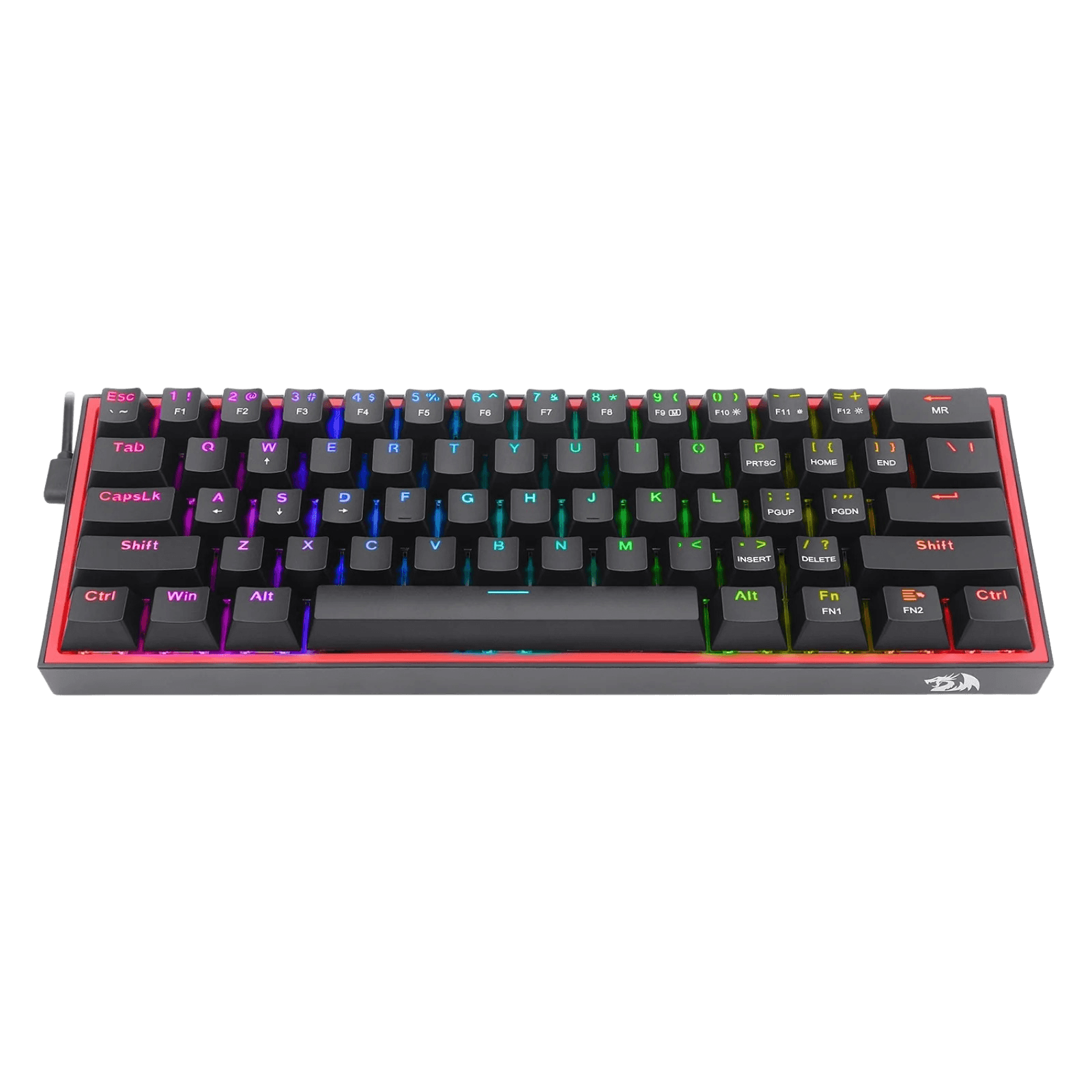 A compact mechanical gaming keyboard with a black chassis, black keycaps, and vibrant RGB backlighting, shown from a top-down perspective against a solid black background.