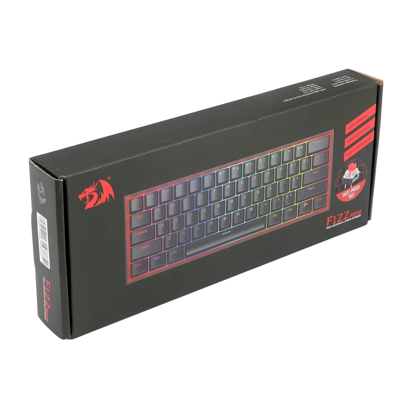 Black retail packaging box for a mechanical keyboard, shown at an angle on a solid black background. The box features a graphic of the keyboard with RGB backlighting, a red dragon logo, and red branding text.