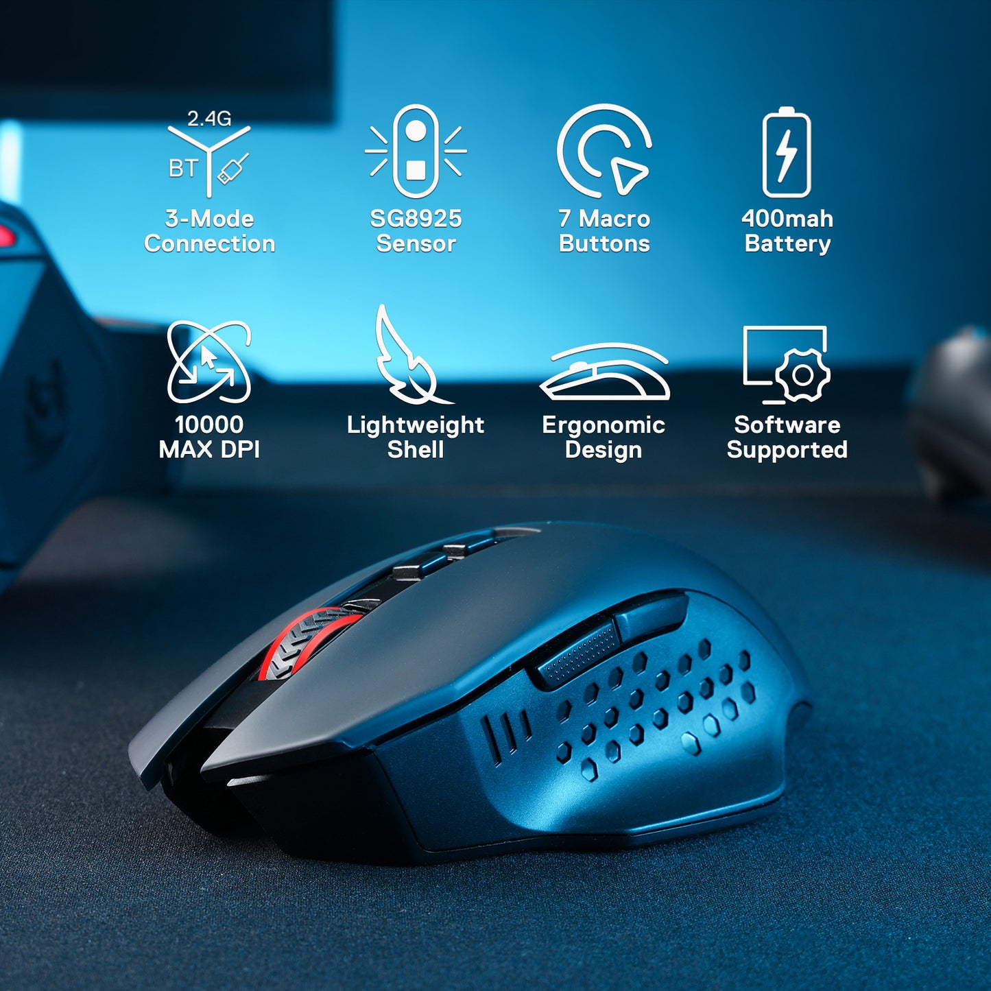 A black gaming mouse is displayed with icons listing its key features: 3-mode connection, SG8925 sensor, 7 macro buttons, 400mAh battery, 10000 DPI, lightweight shell, ergonomic design, and software support.