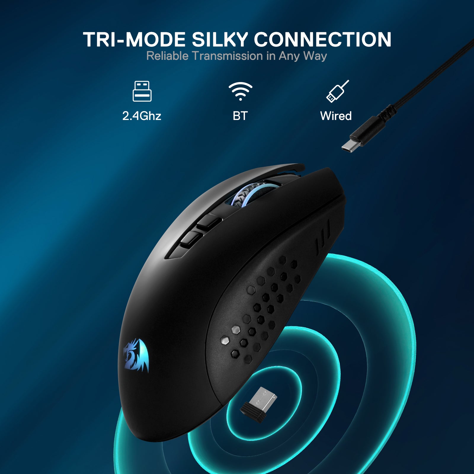 This graphic highlights the M656 Max’s "Tri-Mode Silky Connection" (2.4GHz, BT, wired), shown alongside the mouse and a USB-C cable for reliable transmission.