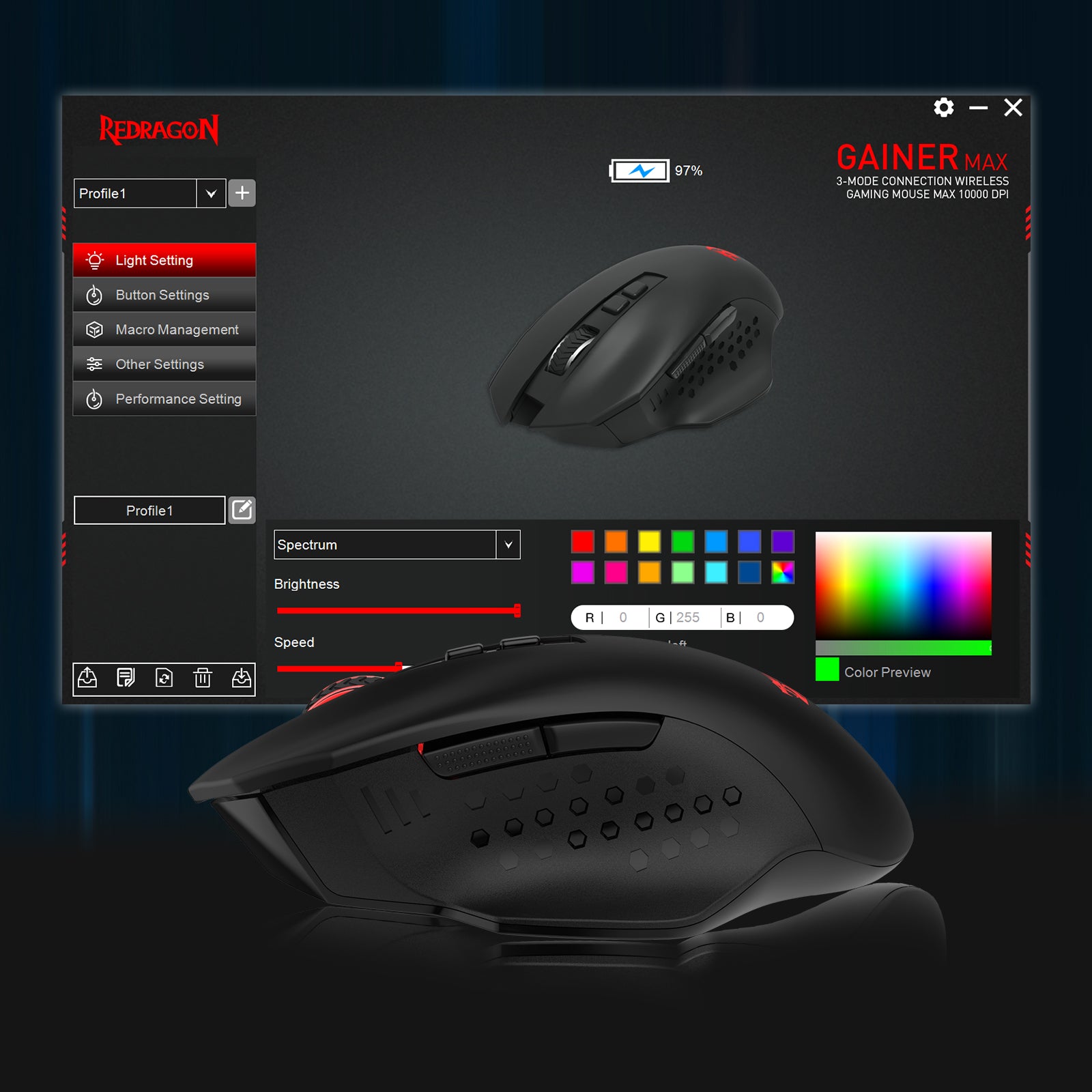 The Redragon software interface for the mouse is shown, enabling customization of lighting, buttons, macros, and performance settings.
