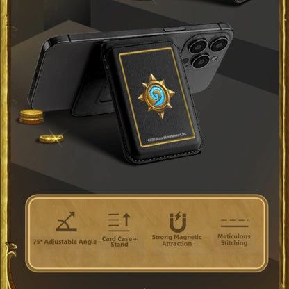 Against a dark, framed backdrop, a Hearthstone-themed black card holder (with the game’s sun emblem) props a phone, with gold coins nearby; below, a wooden-style panel lists its features: 75° adjustable angle, card case + stand, strong magnetism, and meticulous stitching.