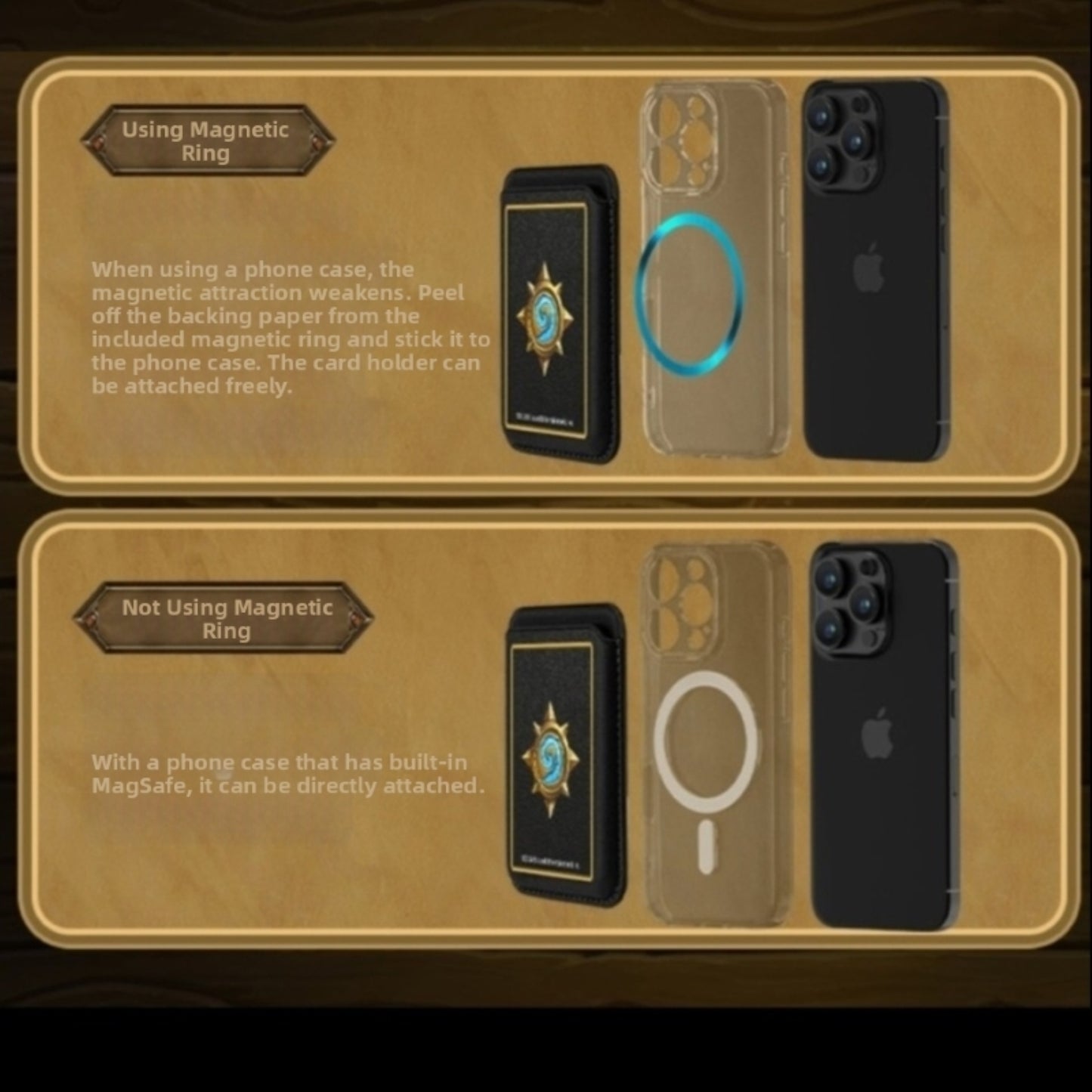 Split into two sections (on a wooden-style background), this guide shows how to attach a branded card holder: the top section ("Using Magnetic Ring") explains sticking a ring to non-MagSafe cases, while the bottom ("Not Using Magnetic Ring") notes direct attachment to MagSafe cases, with visuals of the holder, case, and phone.