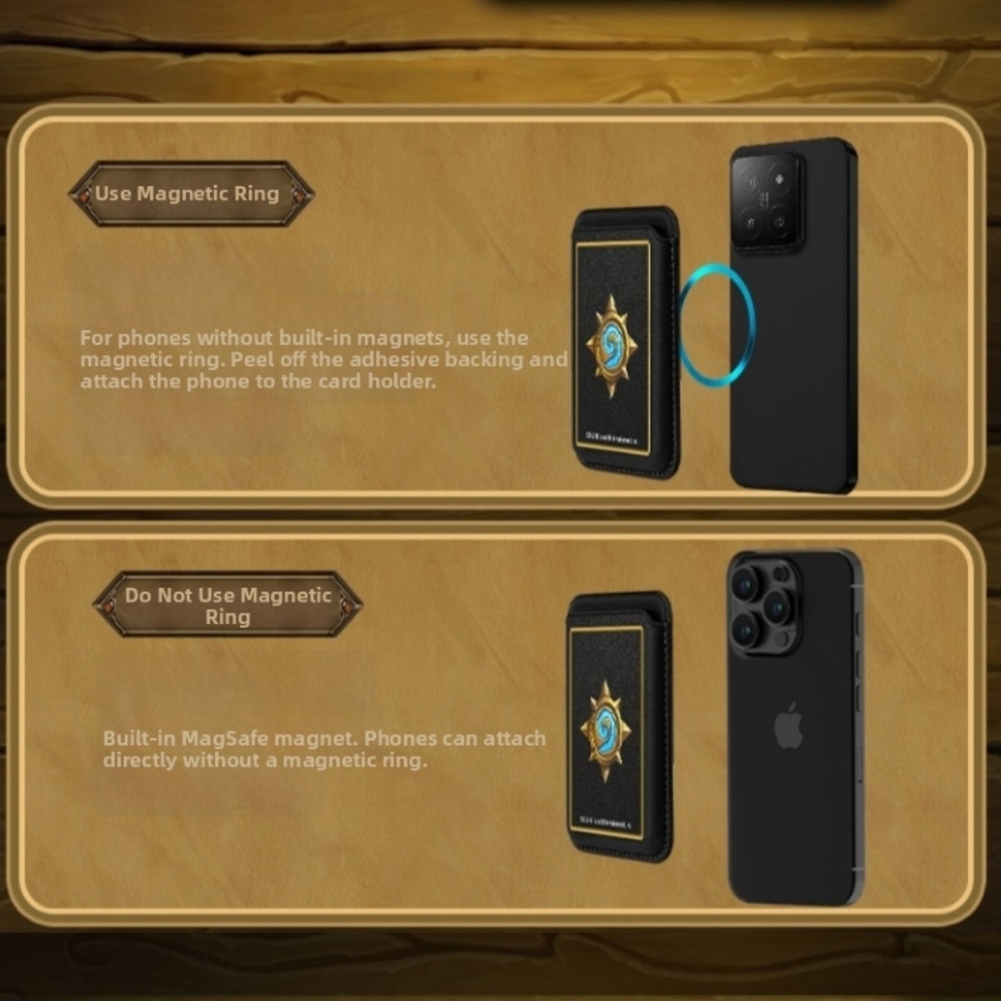 Split into two wooden-textured sections, this guide explains attaching a branded card holder: the top ("Use Magnetic Ring") tells non-magnetic phones to stick an adhesive ring, while the bottom ("Do Not Use Magnetic Ring") notes MagSafe phones attach directly-both show the holder and a phone.