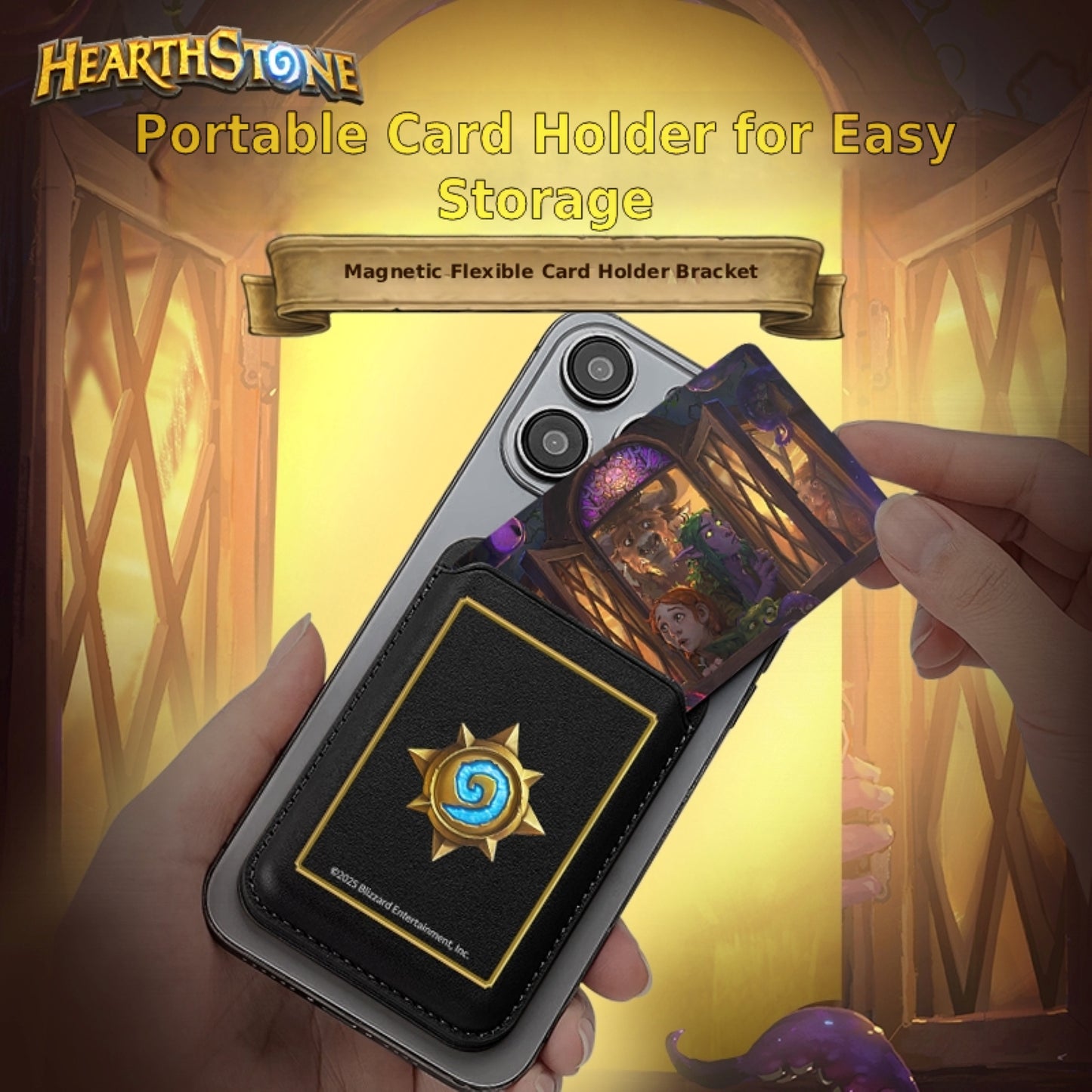 Set against a warm, Hearthstone-themed background, this graphic highlights a "Portable Card Holder for Easy Storage": a hand pulls Hearthstone cards from a black magnetic holder (adorned with the game’s sun emblem) attached to a phone, with text labeling it a "Magnetic-Flexible Card Holder Bracket."