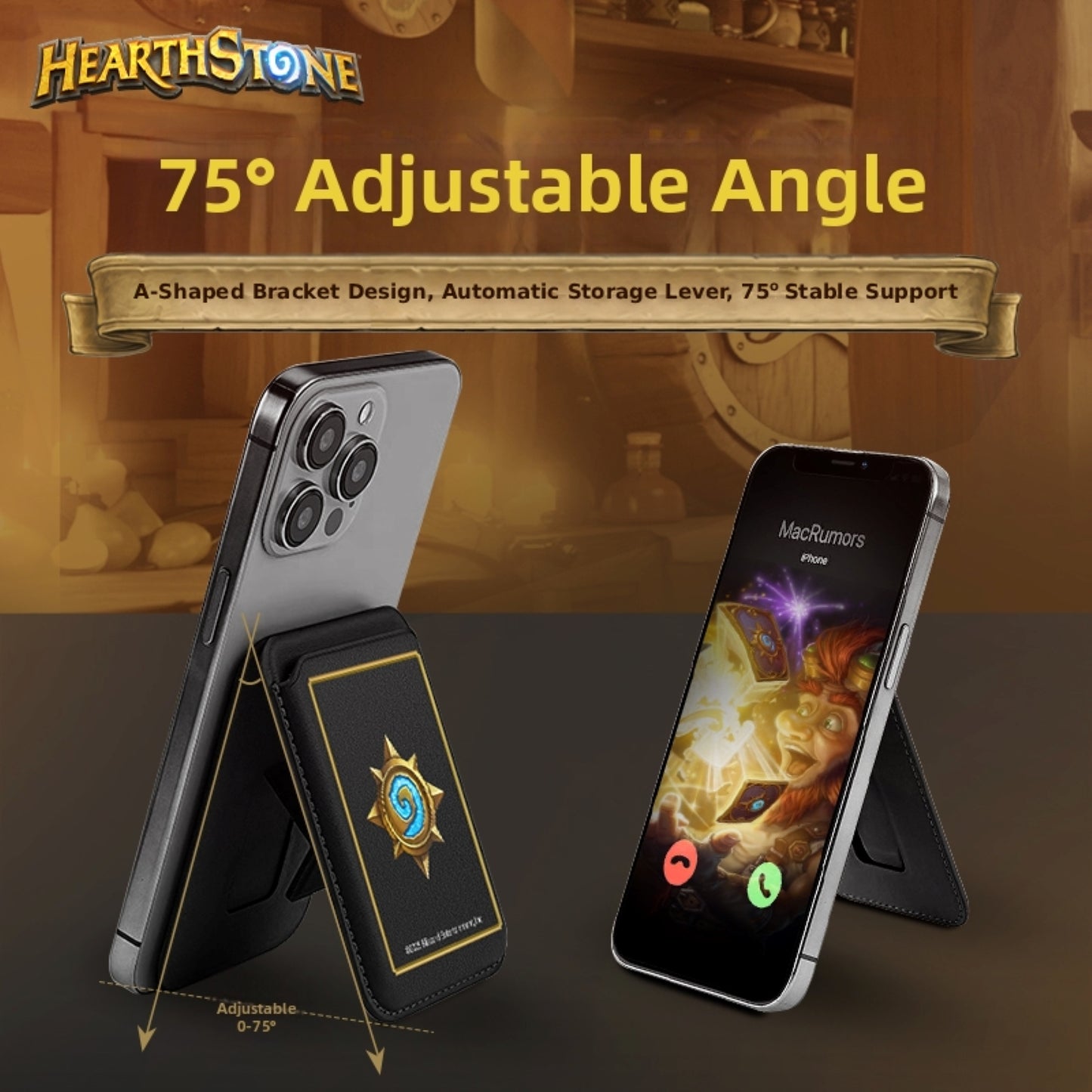 Set against a cozy Hearthstone-themed backdrop, this graphic highlights a "75° Adjustable Angle" card holder: the black Hearthstone-emblem holder props two phones (one showing the angle range, the other in use), with a banner noting its A-shaped bracket and stable 75° support.