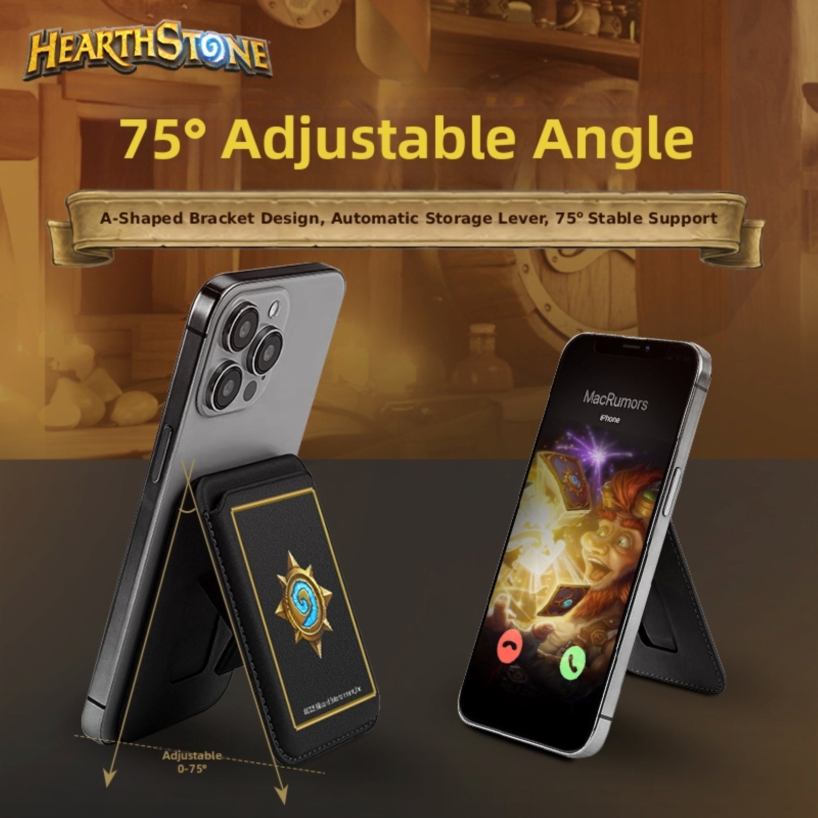 Set against a cozy Hearthstone-themed backdrop, this graphic highlights a "75° Adjustable Angle" card holder: the black Hearthstone-emblem holder props two phones (one showing the angle range, the other in use), with a banner noting its A-shaped bracket and stable 75° support.