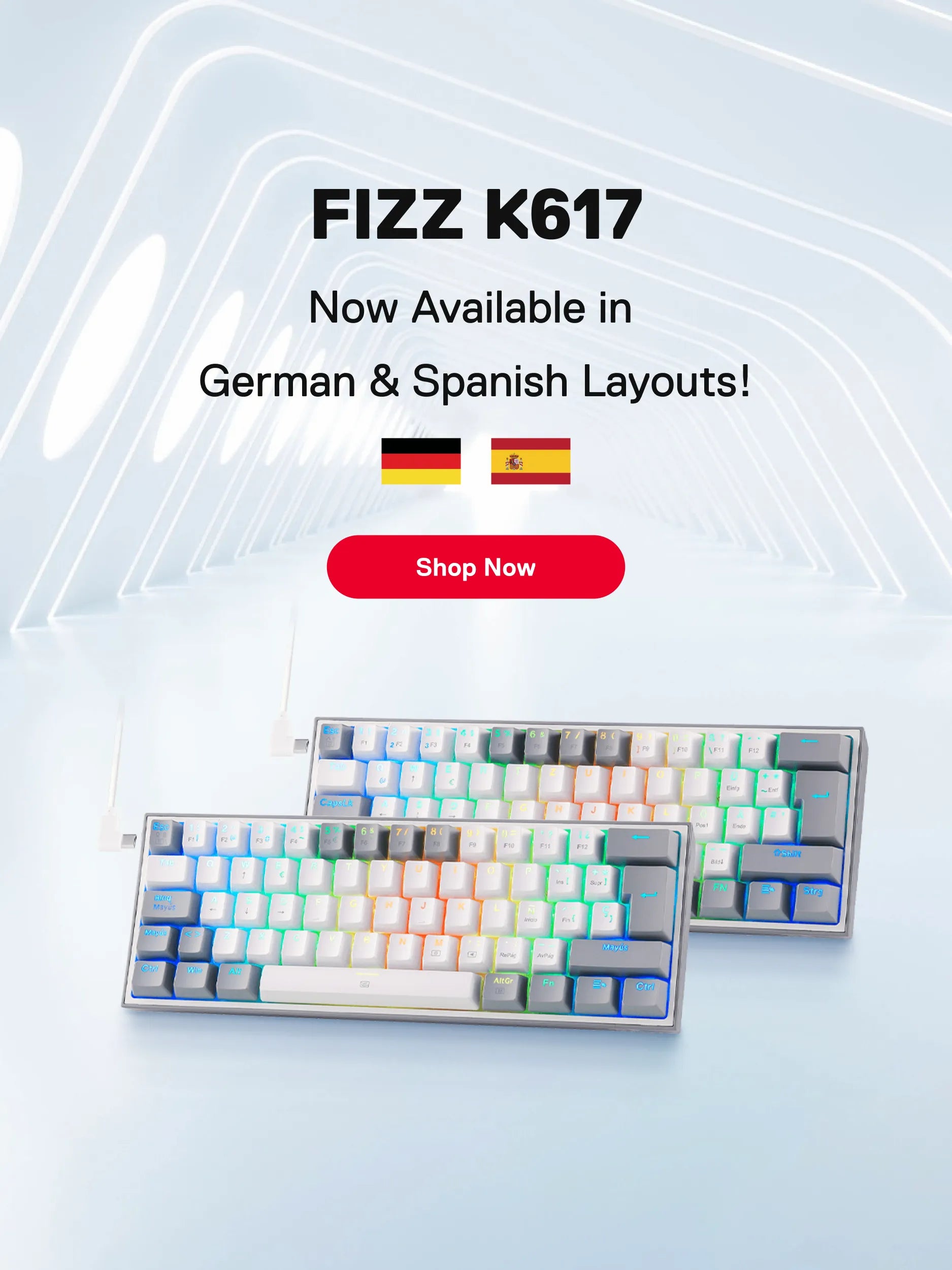 Keyboard with FIZZ K617 branding and text about German and Spanish layouts on a light gray background.