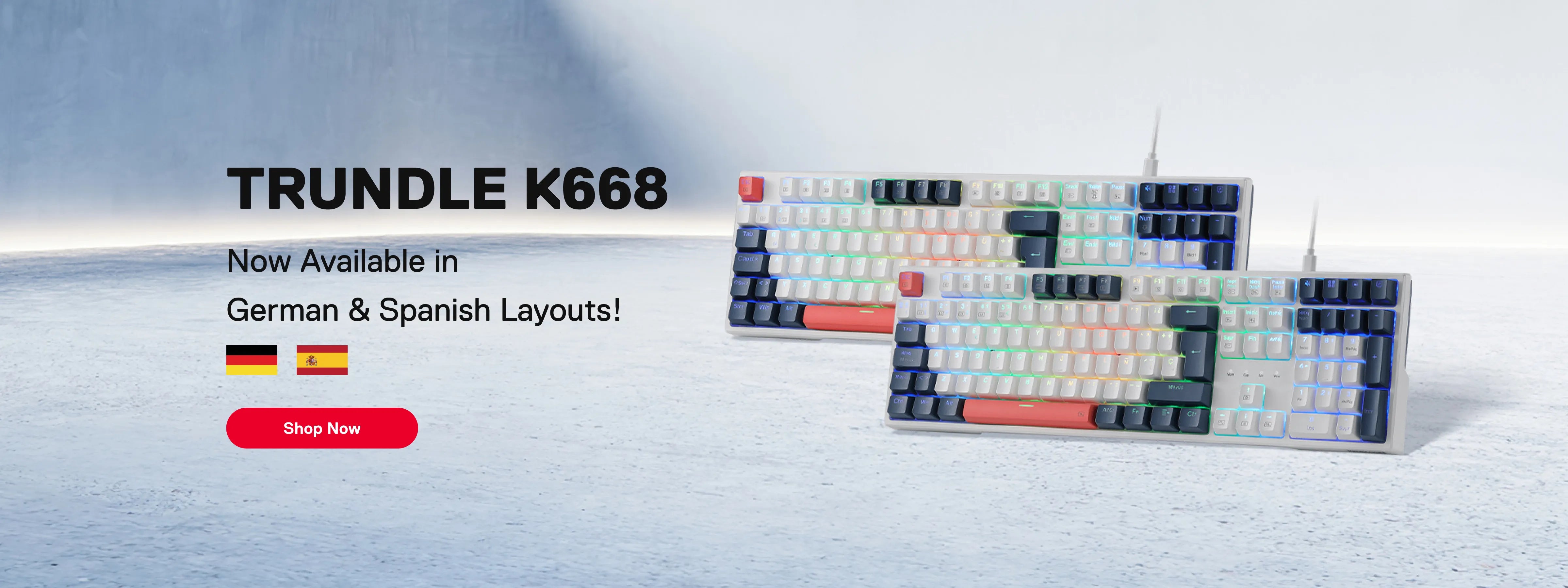 TRUNDELL K668 keyboard with text about language availability on a light blue background