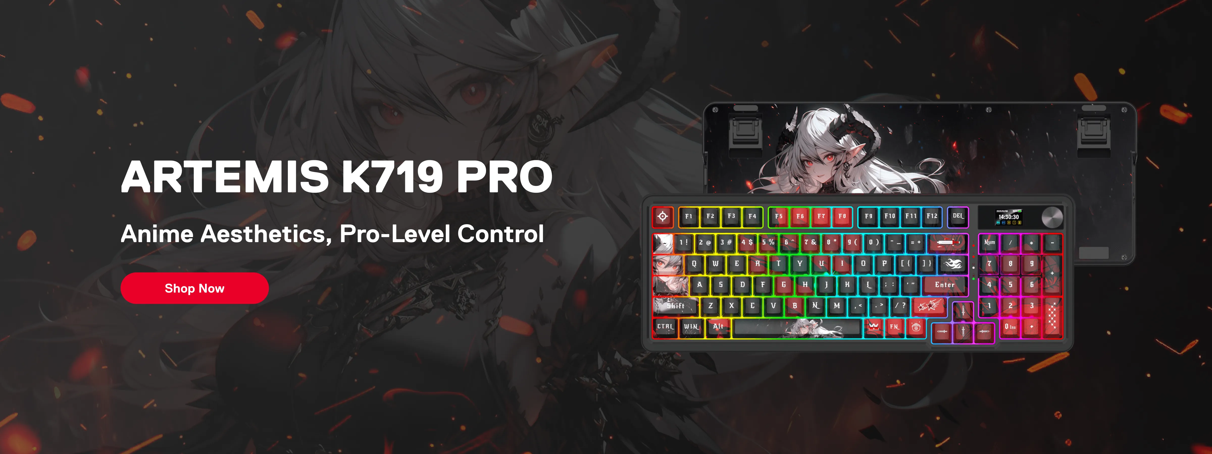 Keyboard with anime-themed design and text about the Artemis K719 Pro model.