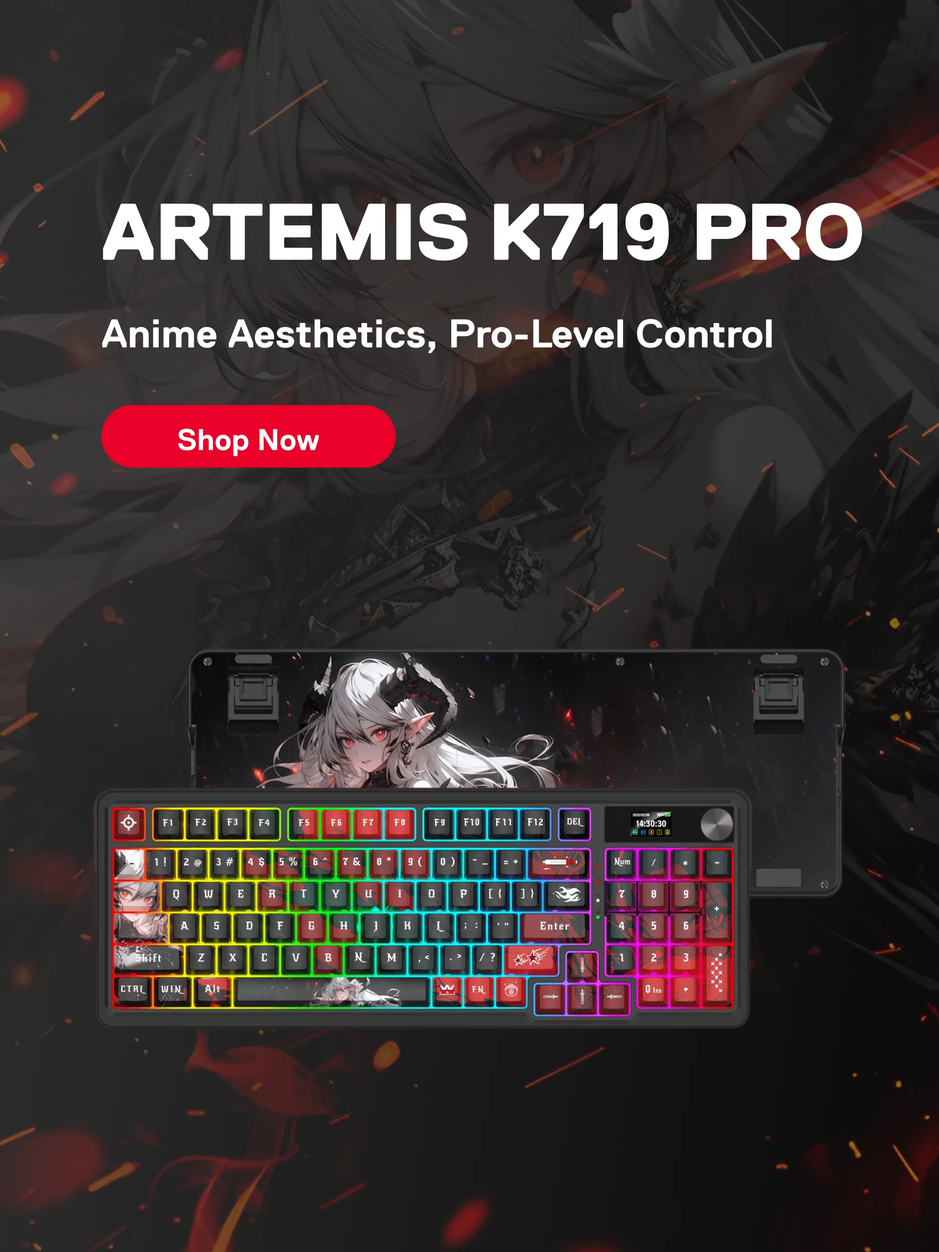 Gaming keyboard with anime character design on a dark background, featuring the Artemis K719 Pro.