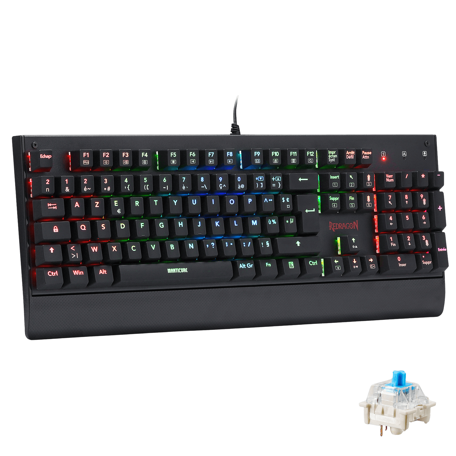 Le clavier mécanique Redragon Manticore est affiché avec son éclairage RGB multicolore, un repose-poignet intégré et un interrupteur bleu détachable pour démontrer son design modulaire.