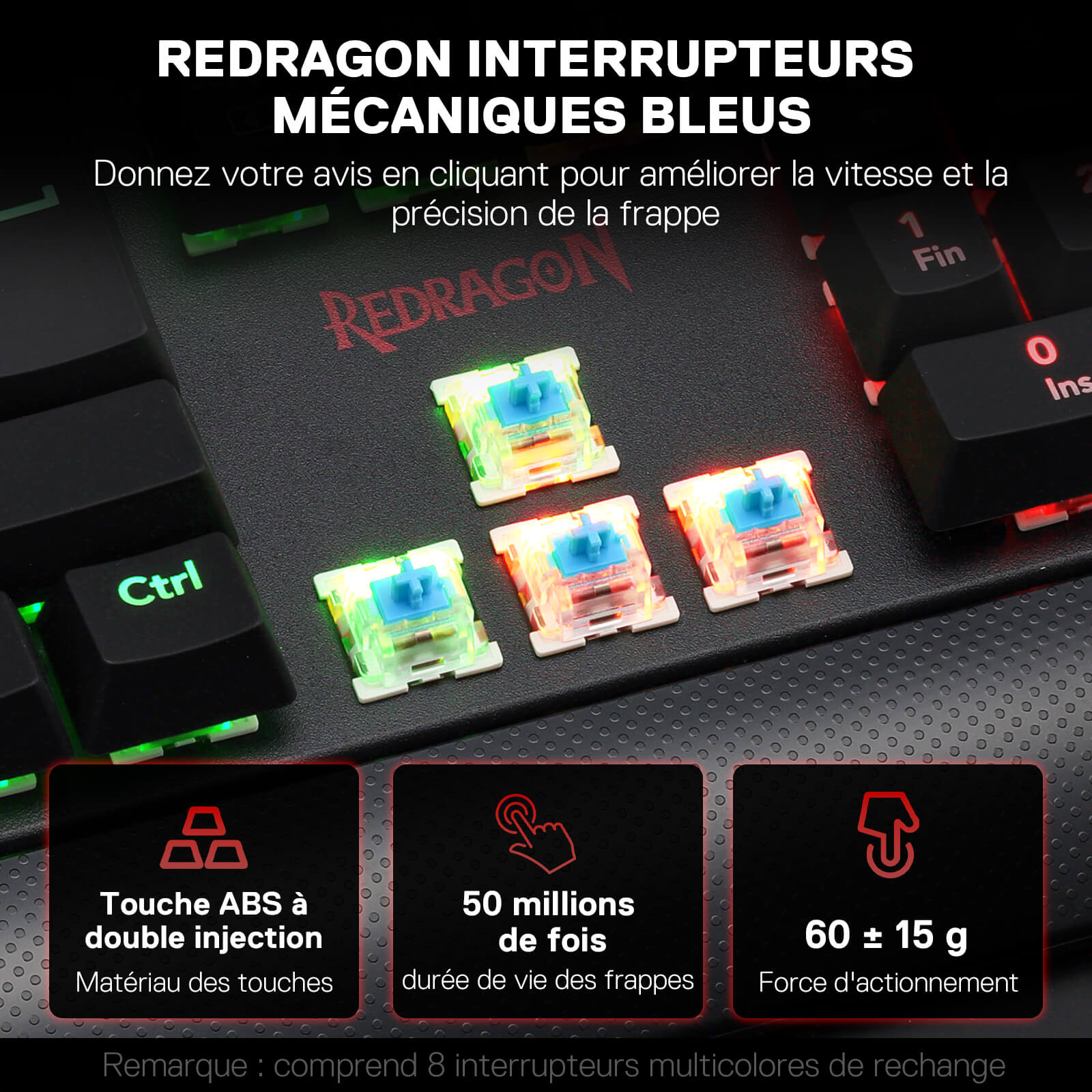 Les interrupteurs mécaniques bleus Redragon sont présentés, avec des spécifications clés : touches ABS double injection, durée de vie de 50 millions de frappes et force d'actionnement de 60 ± 15 g.