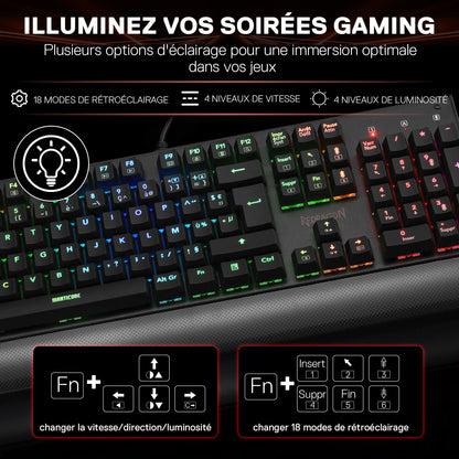 L'éclairage RGB du clavier est mis en avant, avec 18 modes de rétroéclairage, 4 niveaux de vitesse et luminosité, ainsi que des raccourcis clavier pour ajuster les paramètres.
