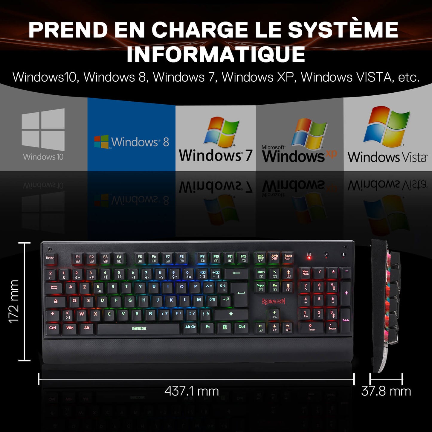 Le clavier est compatible avec les systèmes Windows 10, 8, 7, XP et Vista, avec ses dimensions (437,1 x 172 x 37,8 mm) clairement indiquées.