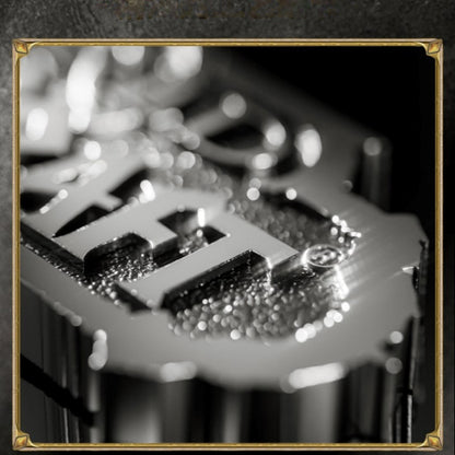 Framed with a gold border, this black-and-white close-up shows a textured metallic emblem (with raised lettering) glinting under light, its surface catching bright highlights and soft bokeh effects against a dark background.