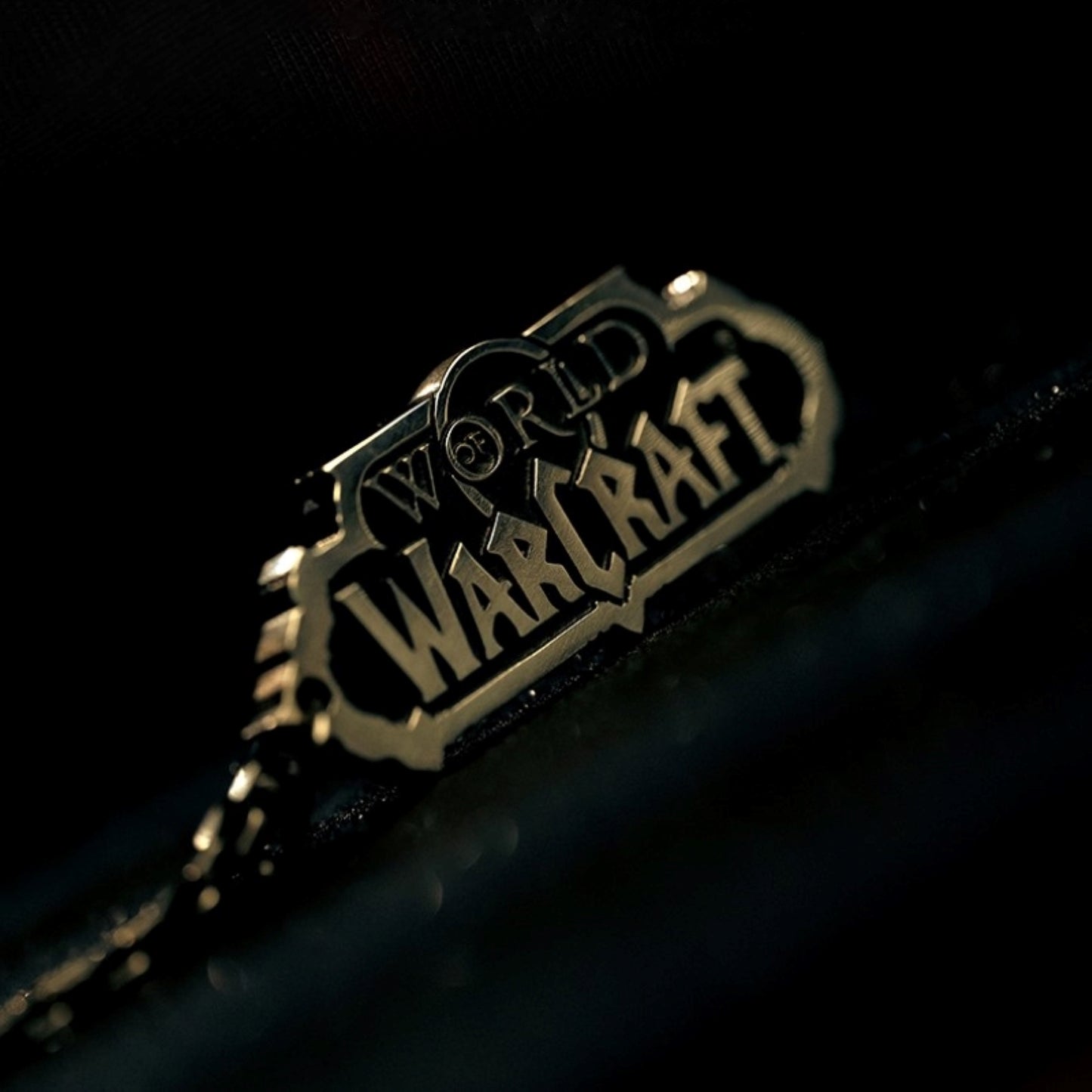Against a dark, blurred background, a metallic, embossed "WORLD OF WARCRAFT" logo (in a stylized, angular font) catches the light.