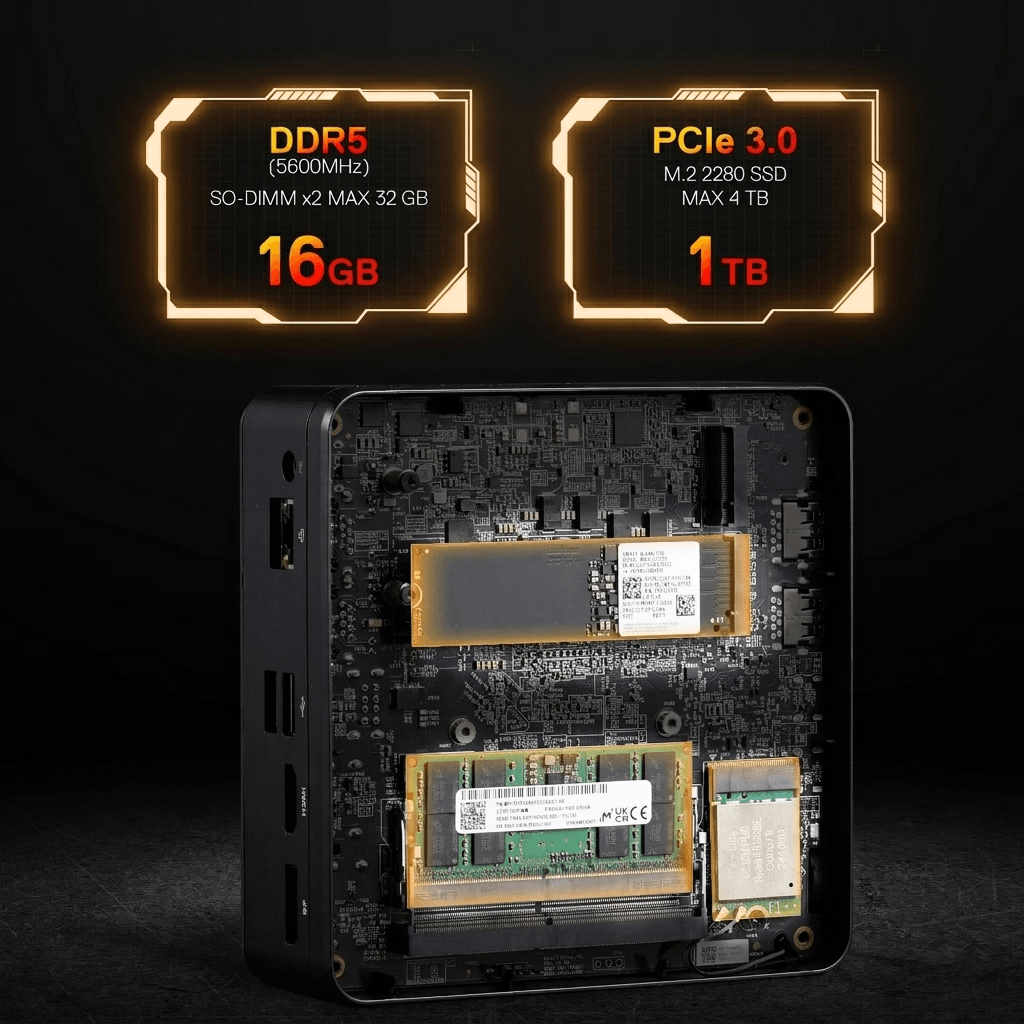 Computer hardware components including DDR5 RAM and PCIe SSD on a dark background
