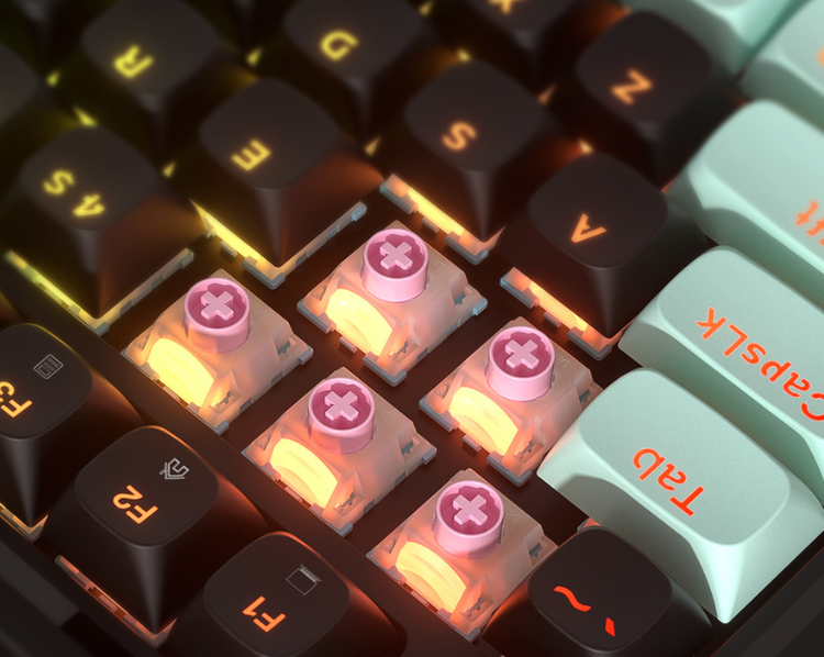 Close-up of a mechanical keyboard with colorful keycaps