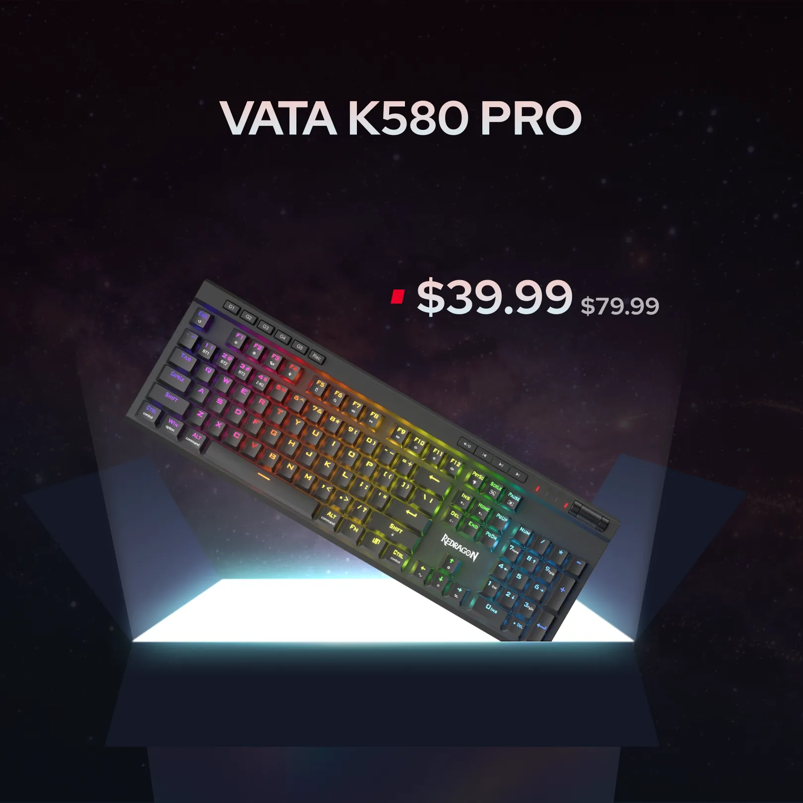 A VATA K580 PRO mechanical keyboard with RGB rainbow backlighting, shown at an angle on a glowing platform against a dark galaxy background. Text overlays display the model name and a price reduction from $79.