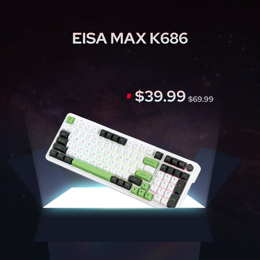 A white mechanical keyboard with green and black key accents, shown at an angle on a glowing platform against a dark starry background. Text above reads 'EISA MAX K686' and '$39.