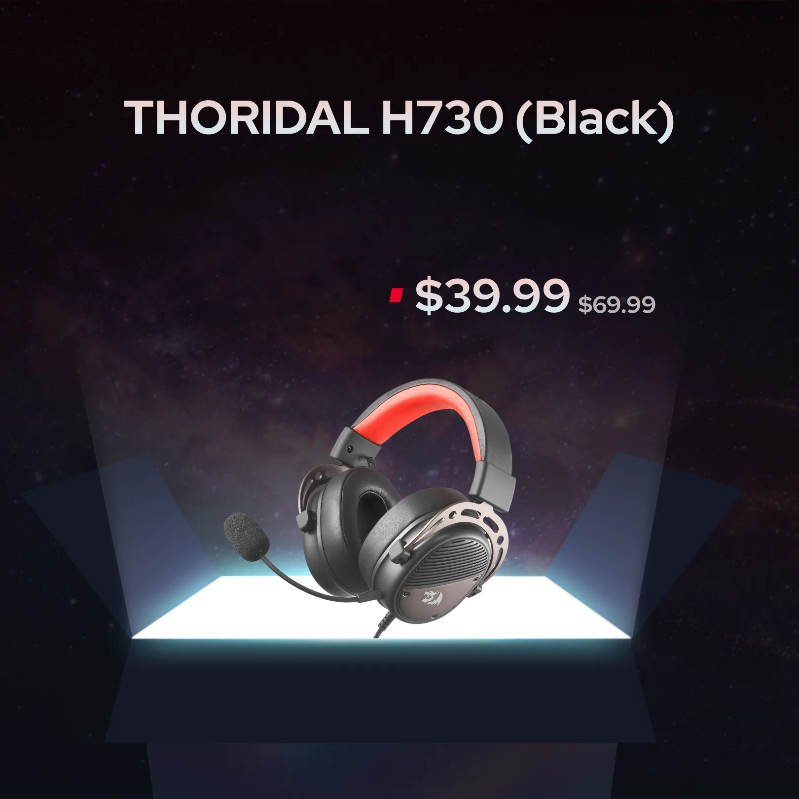 A black over-ear gaming headset with a red accent on the headband and a microphone, shown floating above a glowing platform against a dark space-themed background. Text at the top reads 'THORIDAL H730 (Black)' with a price of '$39.