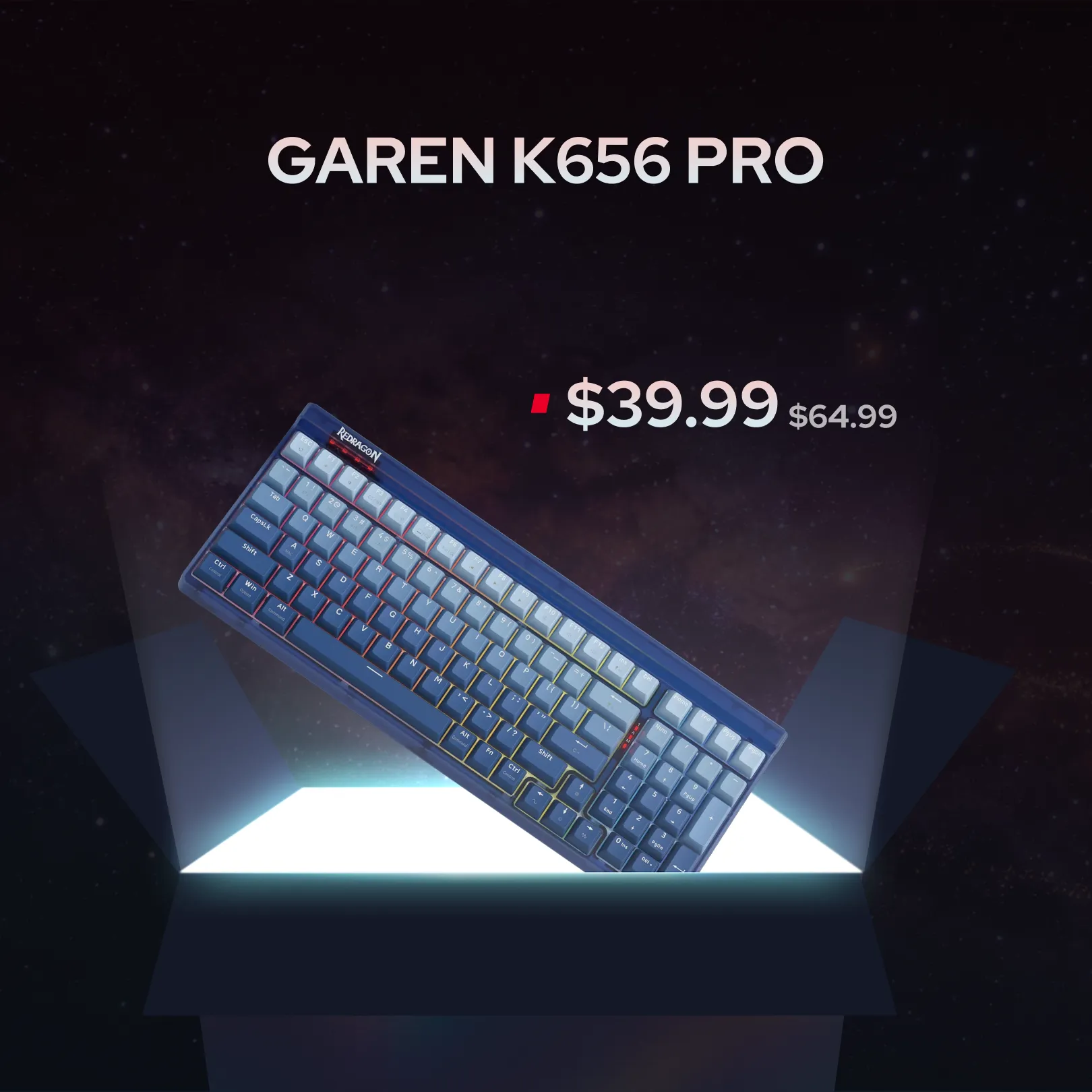 A Garen K656 Pro mechanical keyboard shown at an angle on a glowing platform against a dark space-like background, with text displaying the model name and a reduced price from $64.99 to $39.