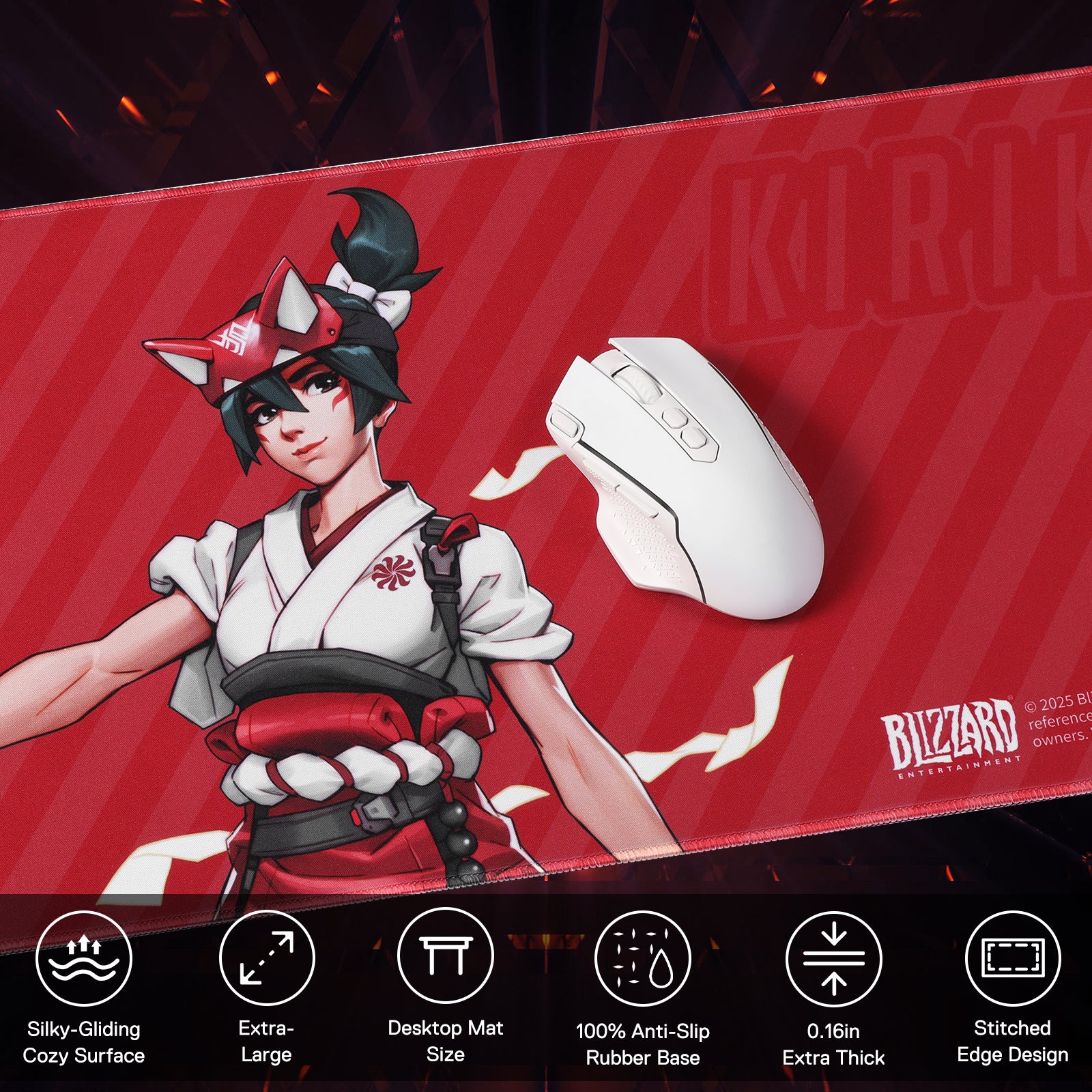 The Kiriko mouse pad is shown with a white mouse, accompanied by icons listing its features: silky surface, extra-large size, anti-slip base, 0.16" thickness, and stitched edges.