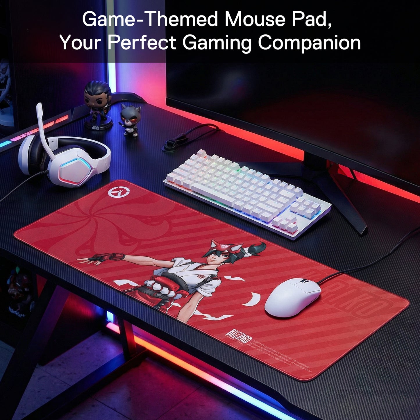 The Kiriko mouse pad is integrated into a gaming setup (with a keyboard, mouse, and headset), framed by the text "Game-Themed Mouse Pad, Your Perfect Gaming Companion."