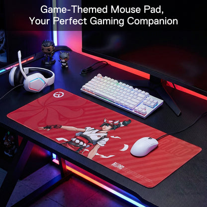 The Kiriko mouse pad is integrated into a gaming setup (with a keyboard, mouse, and headset), framed by the text "Game-Themed Mouse Pad, Your Perfect Gaming Companion."