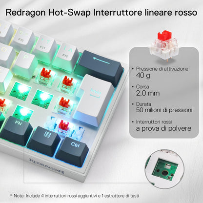 Tastiera da gioco Redragon K617 Fizz 60% con cavo e illuminazione RGB, layout QWERTY italiano
