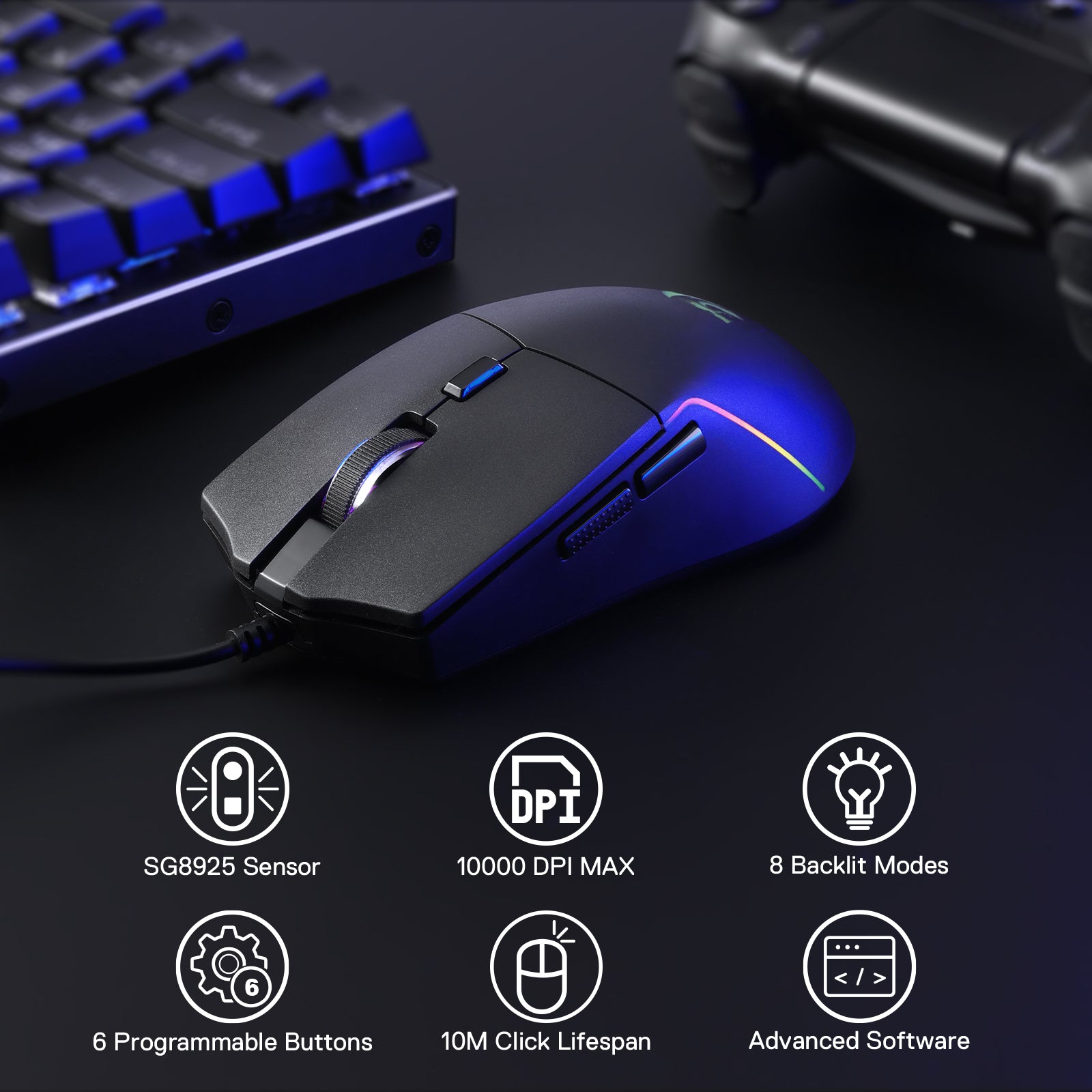 A black wired gaming mouse (with RGB backlighting) is shown next to a keyboard, with icons listing its features: SG8925 sensor, 10000 DPI, 8 backlit modes, 6 programmable buttons, 10M click lifespan, and advanced software.