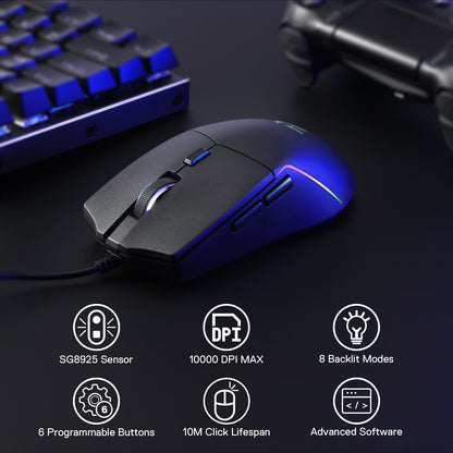 A black wired gaming mouse (with RGB backlighting) is shown next to a keyboard, with icons listing its features: SG8925 sensor, 10000 DPI, 8 backlit modes, 6 programmable buttons, 10M click lifespan, and advanced software.