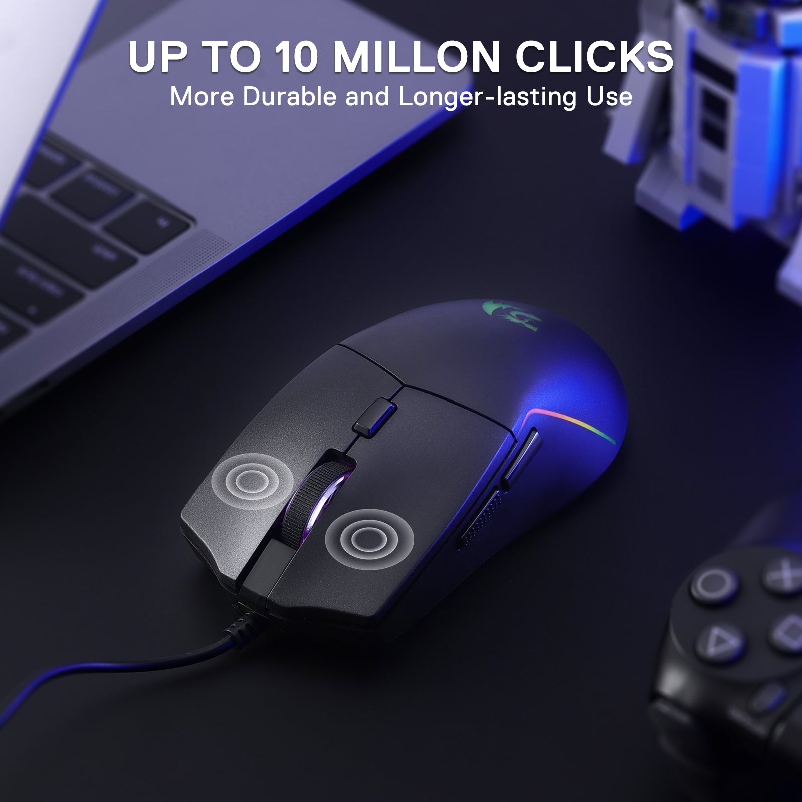 The gaming mouse is showcased with text noting its 10 million click lifespan, placed on a desk near a laptop and controller to highlight durability.